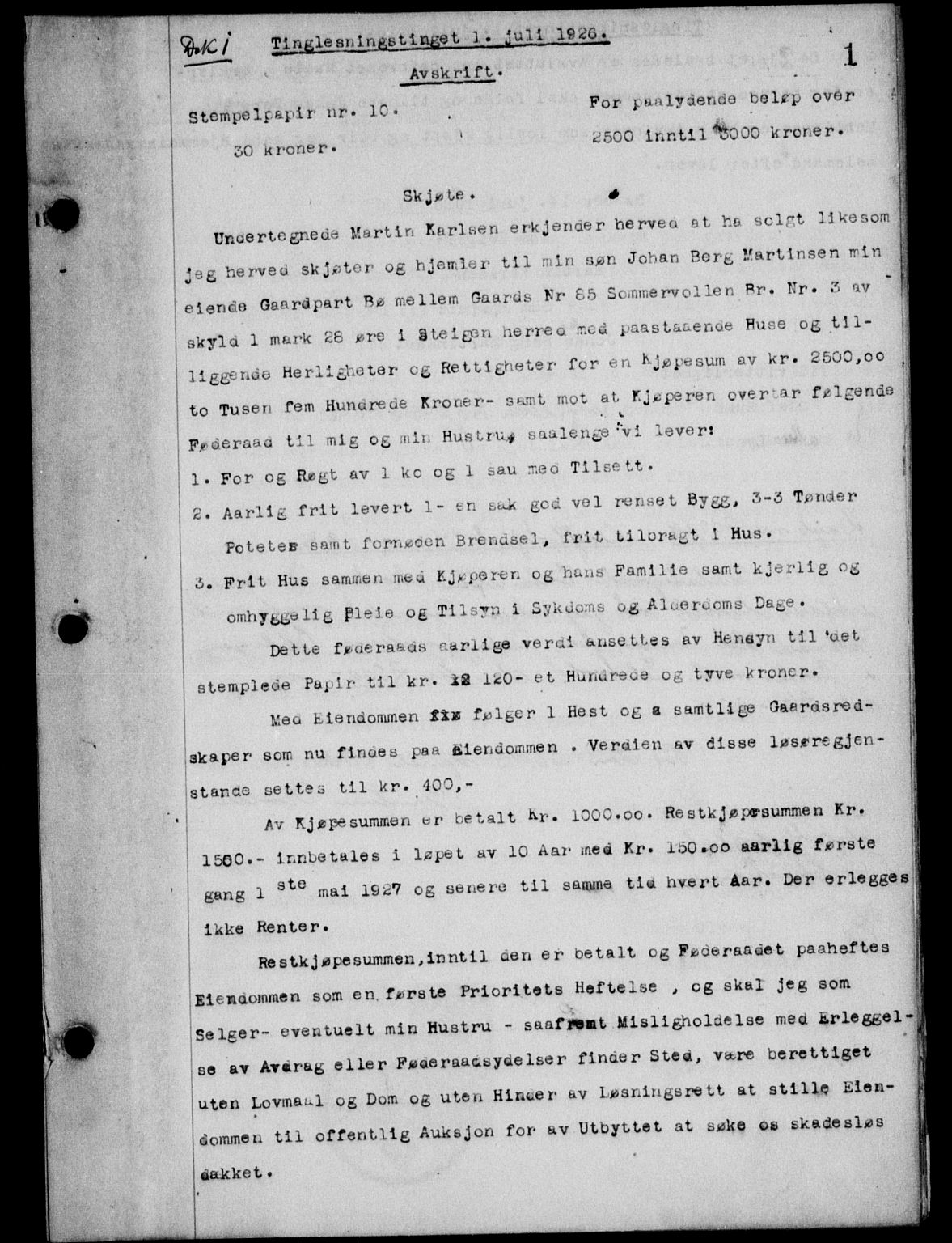 Steigen og Ofoten sorenskriveri, SAT/A-0030/1/2/2C/L0014: Mortgage book no. 13 og 15, 1926-1927, Deed date: 01.07.1926