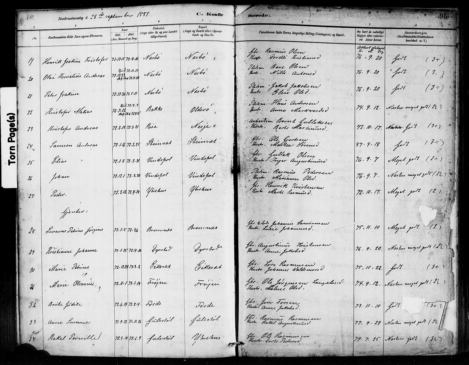 Bremanger sokneprestembete, SAB/A-82201/H/Haa/Haab/L0001: Parish register (official) no. B 1, 1884-1895, p. 95