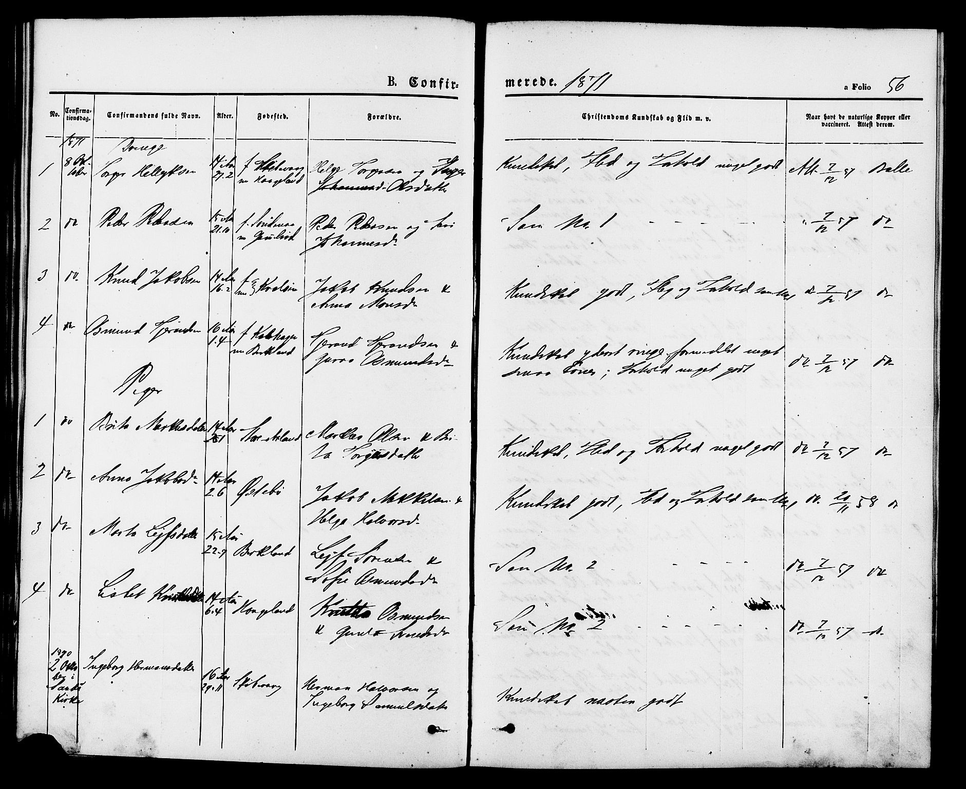 Vikedal sokneprestkontor, AV/SAST-A-101840/01/IV: Parish register (official) no. A 9, 1868-1885, p. 56