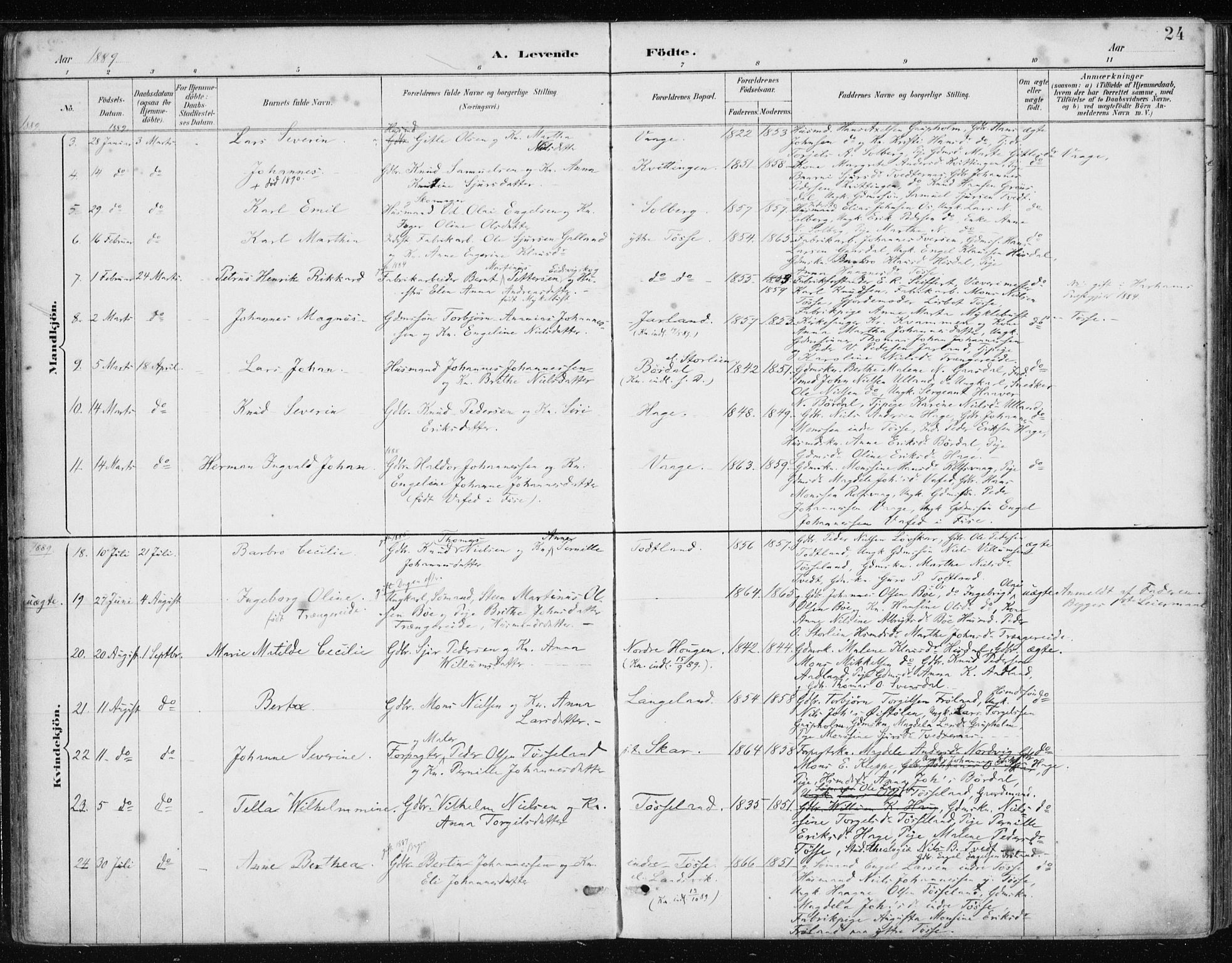 Samnanger Sokneprestembete, AV/SAB-A-77501/H/Haa: Parish register (official) no. A 1, 1885-1901, p. 24