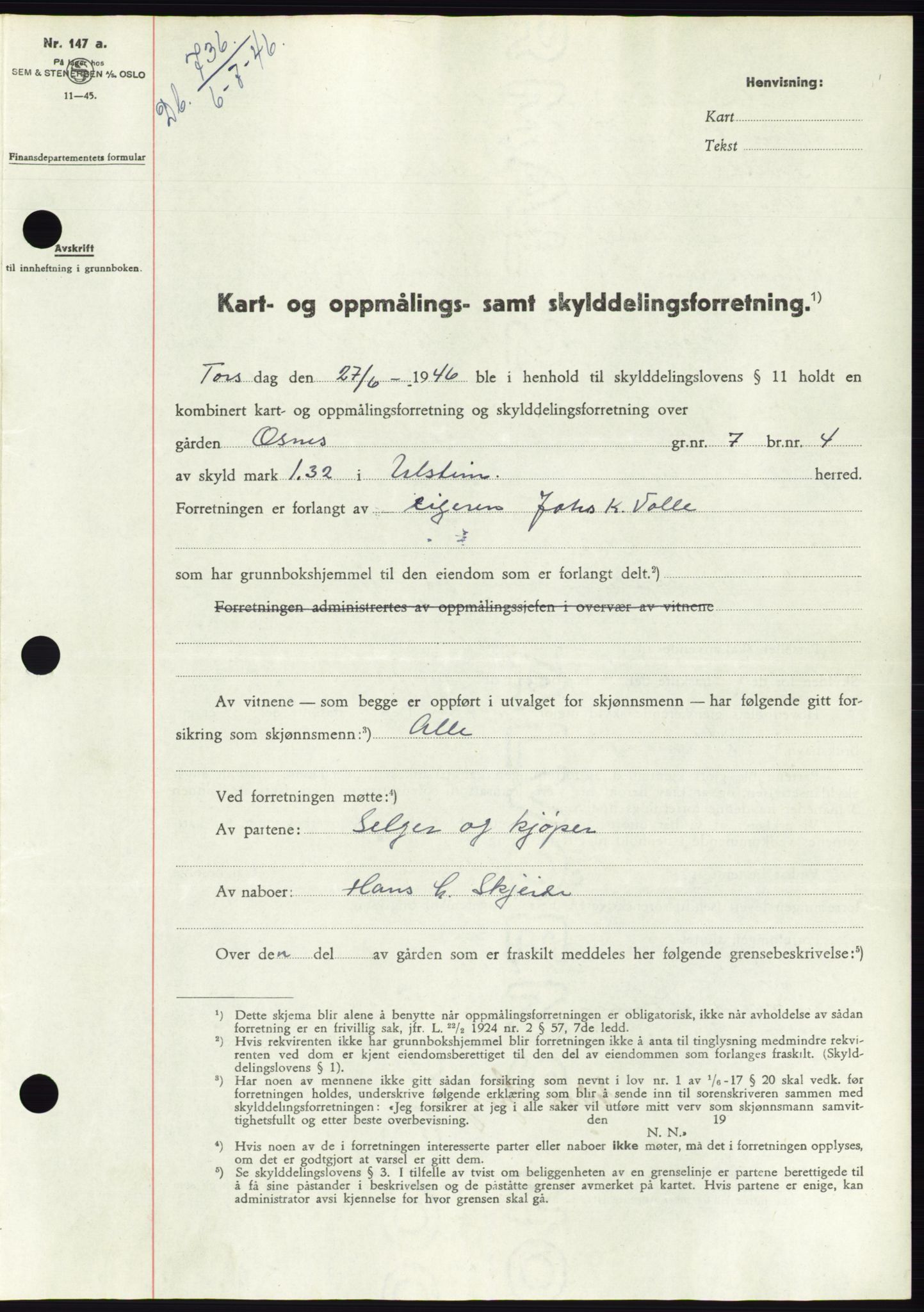 Søre Sunnmøre sorenskriveri, AV/SAT-A-4122/1/2/2C/L0078: Mortgage book no. 4A, 1946-1946, Diary no: : 736/1946