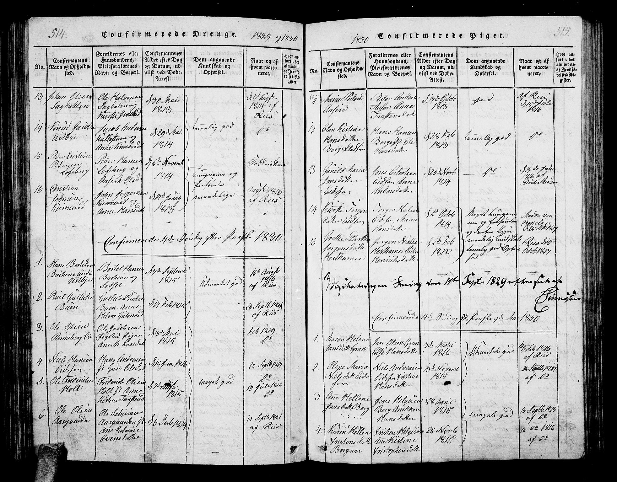 Hof kirkebøker, AV/SAKO-A-64/G/Ga/L0001: Parish register (copy) no. I 1, 1814-1844, p. 514-515