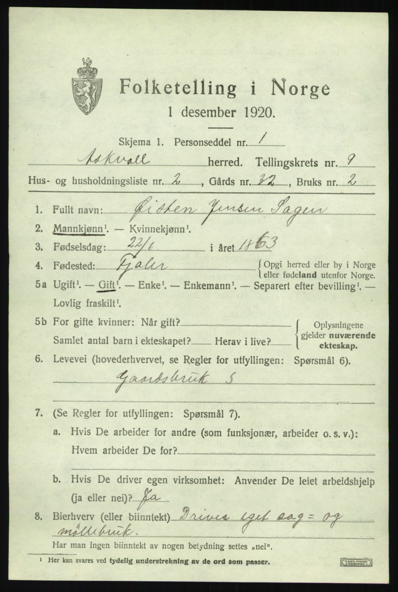 SAB, 1920 census for Askvoll, 1920, p. 3876