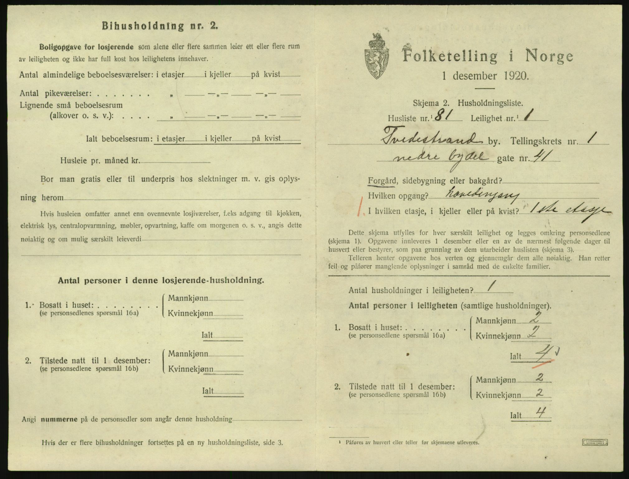 SAK, 1920 census for Tvedestrand, 1920, p. 827