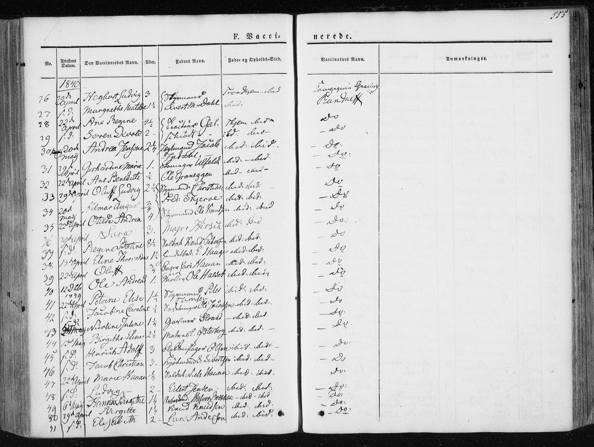 Ministerialprotokoller, klokkerbøker og fødselsregistre - Sør-Trøndelag, SAT/A-1456/601/L0049: Parish register (official) no. 601A17, 1839-1847, p. 555