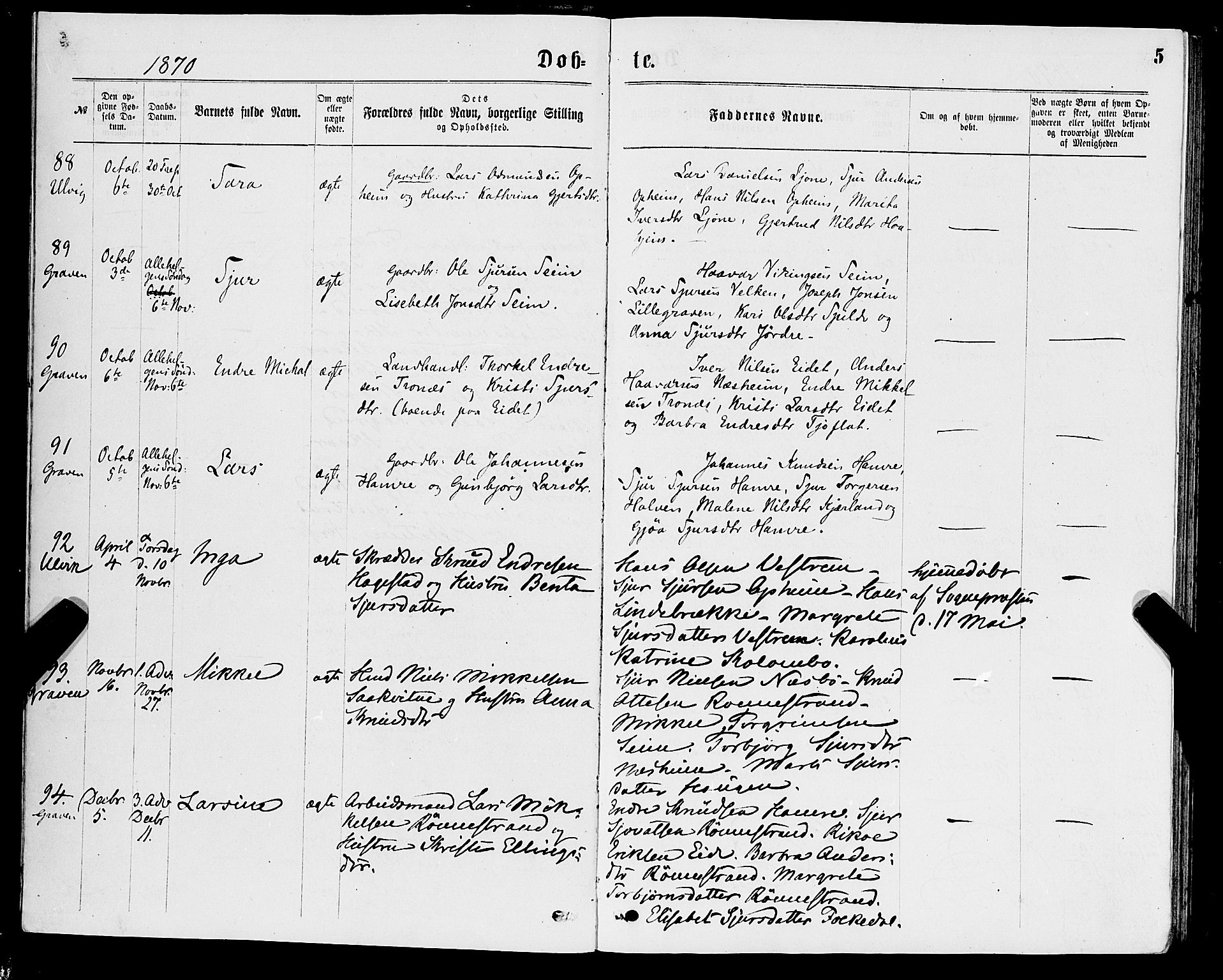 Ulvik sokneprestembete, AV/SAB-A-78801/H/Haa: Parish register (official) no. A 16, 1870-1878, p. 5