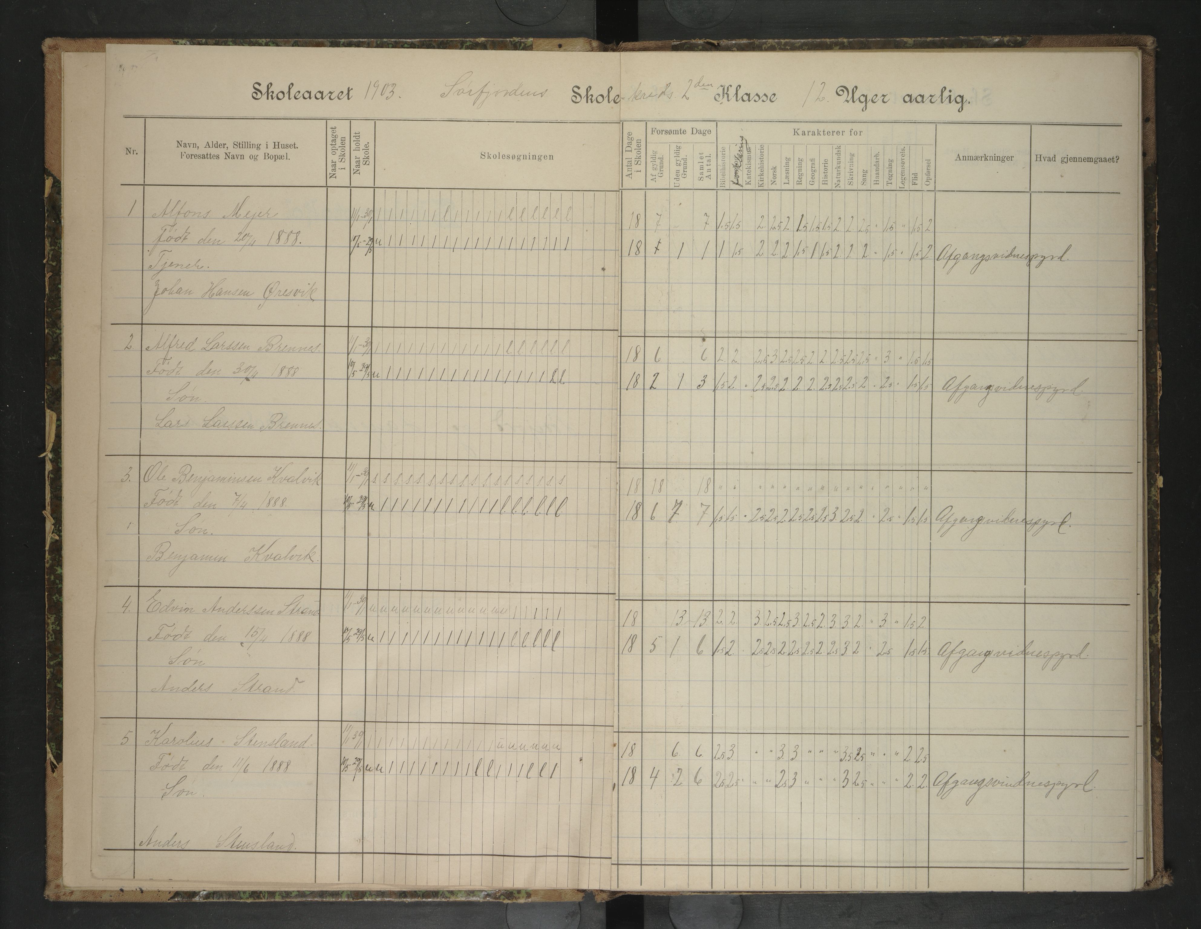 Rødøy kommune. Ymse skolekretser , AIN/K-18360.510.04/F/Fa/L0023: Skoleprotokoll:Indre Sørfjorden/Ytre Sørfjorden/Langnes/Nygård, 1903-1909