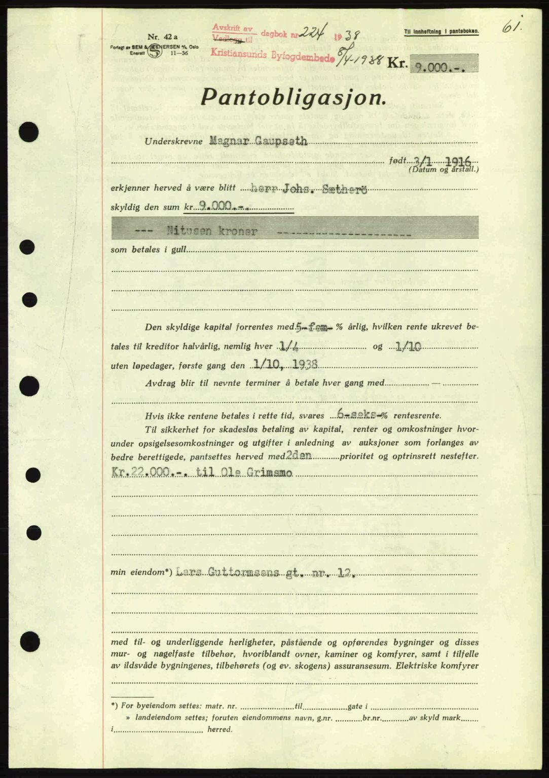 Kristiansund byfogd, SAT/A-4587/A/27: Mortgage book no. 31, 1938-1939, Diary no: : 224/1938