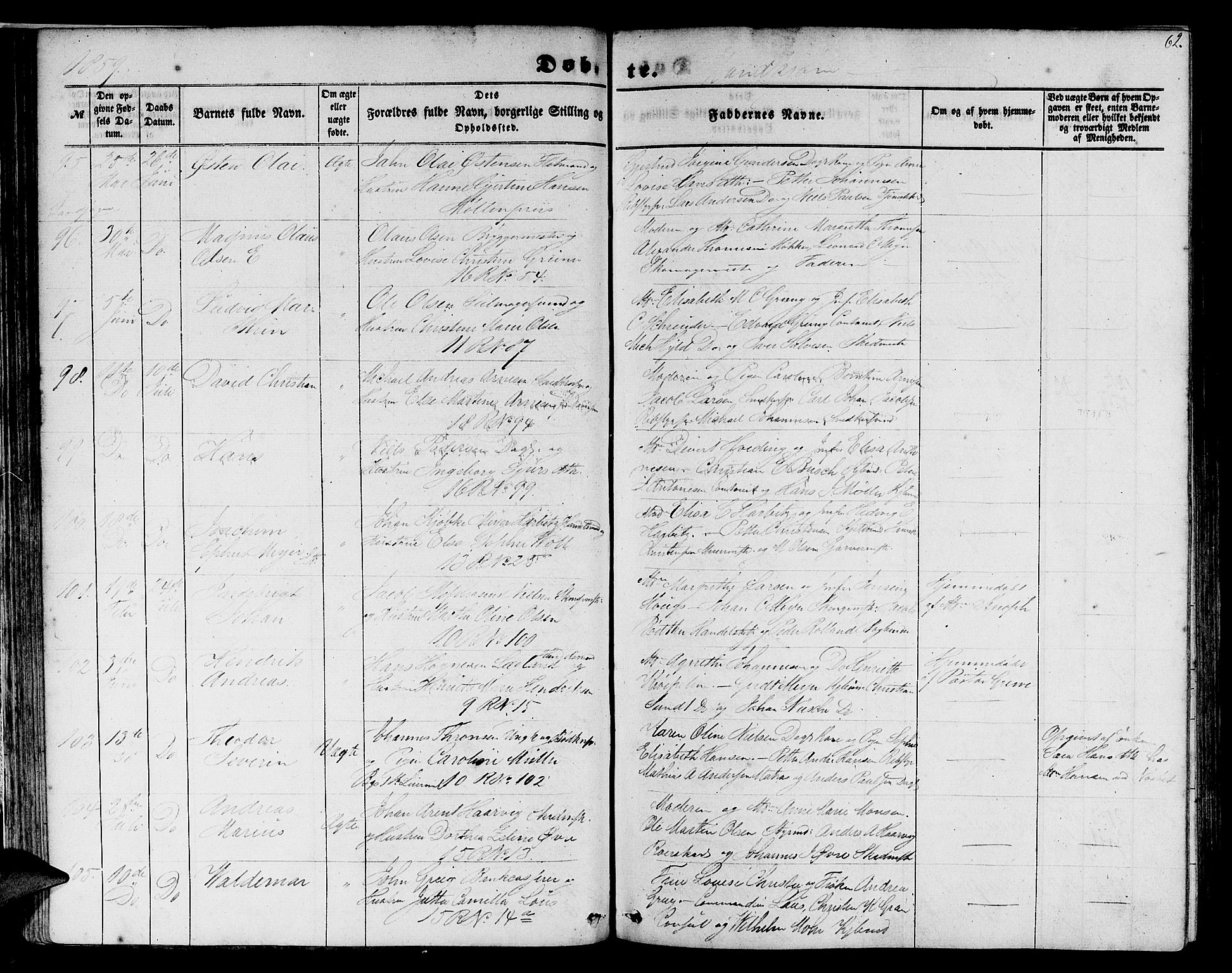 Domkirken sokneprestembete, AV/SAB-A-74801/H/Hab/L0011: Parish register (copy) no. B 4, 1856-1862, p. 62