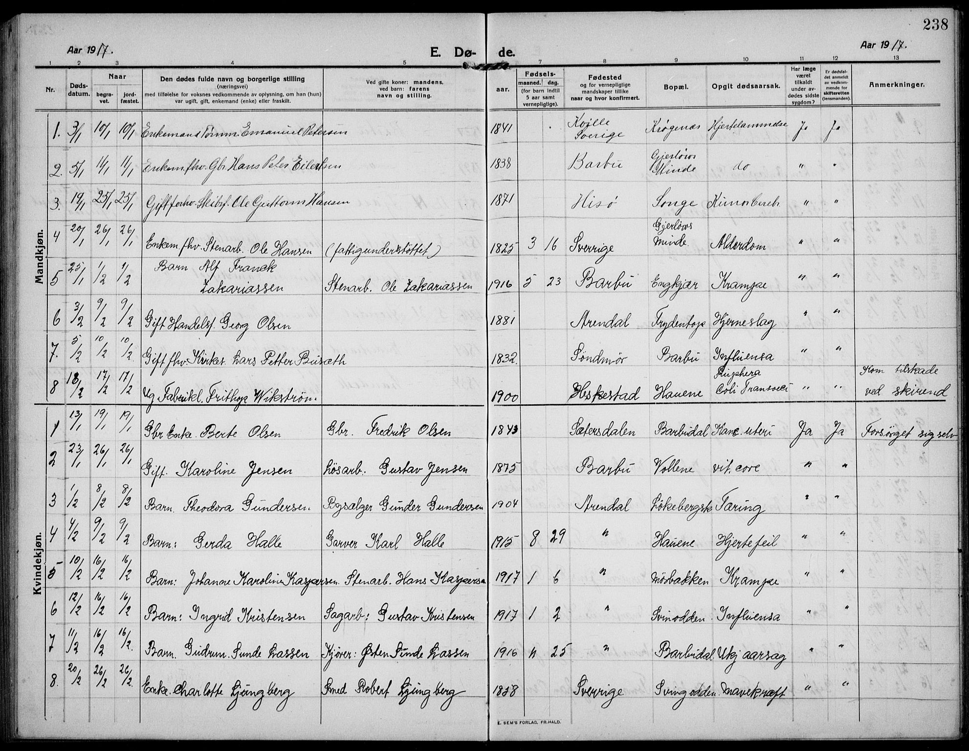 Barbu sokneprestkontor, AV/SAK-1111-0003/F/Fb/L0004: Parish register (copy) no. B 4, 1911-1936, p. 238