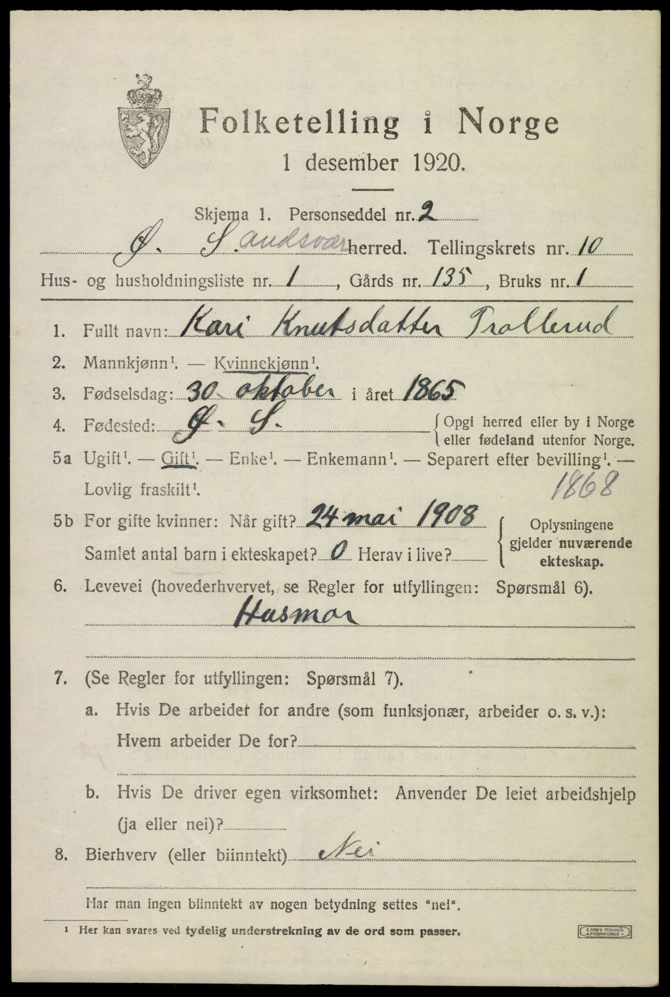 SAKO, 1920 census for Øvre Sandsvær, 1920, p. 5582