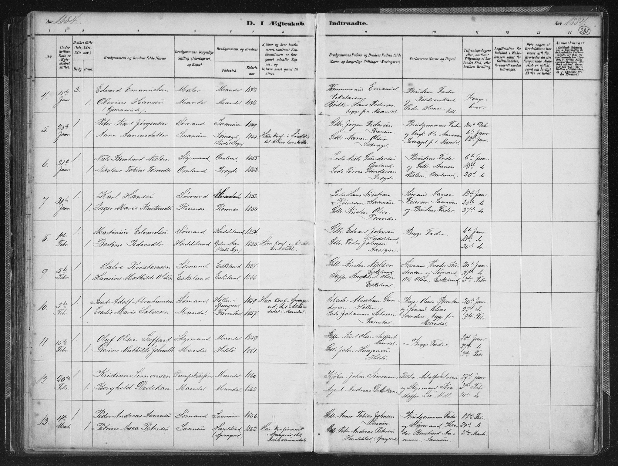 Mandal sokneprestkontor, AV/SAK-1111-0030/F/Fb/Fba/L0011: Parish register (copy) no. B 5, 1880-1898, p. 281