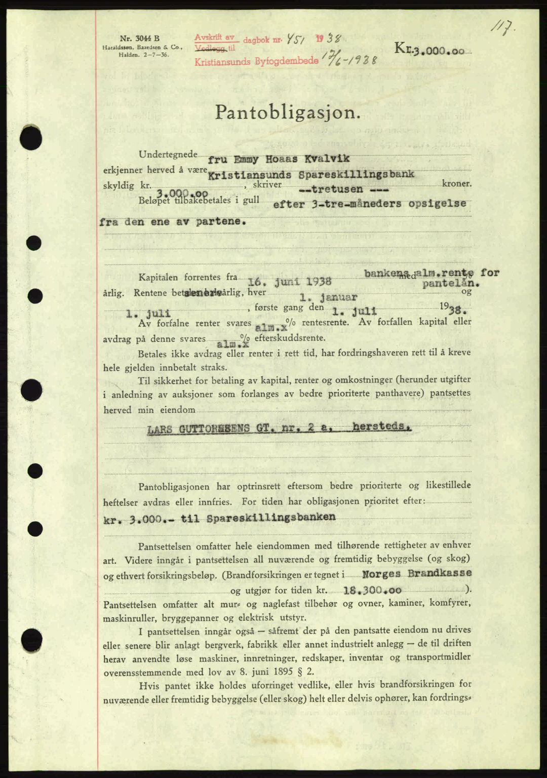 Kristiansund byfogd, AV/SAT-A-4587/A/27: Mortgage book no. 31, 1938-1939, Diary no: : 451/1938