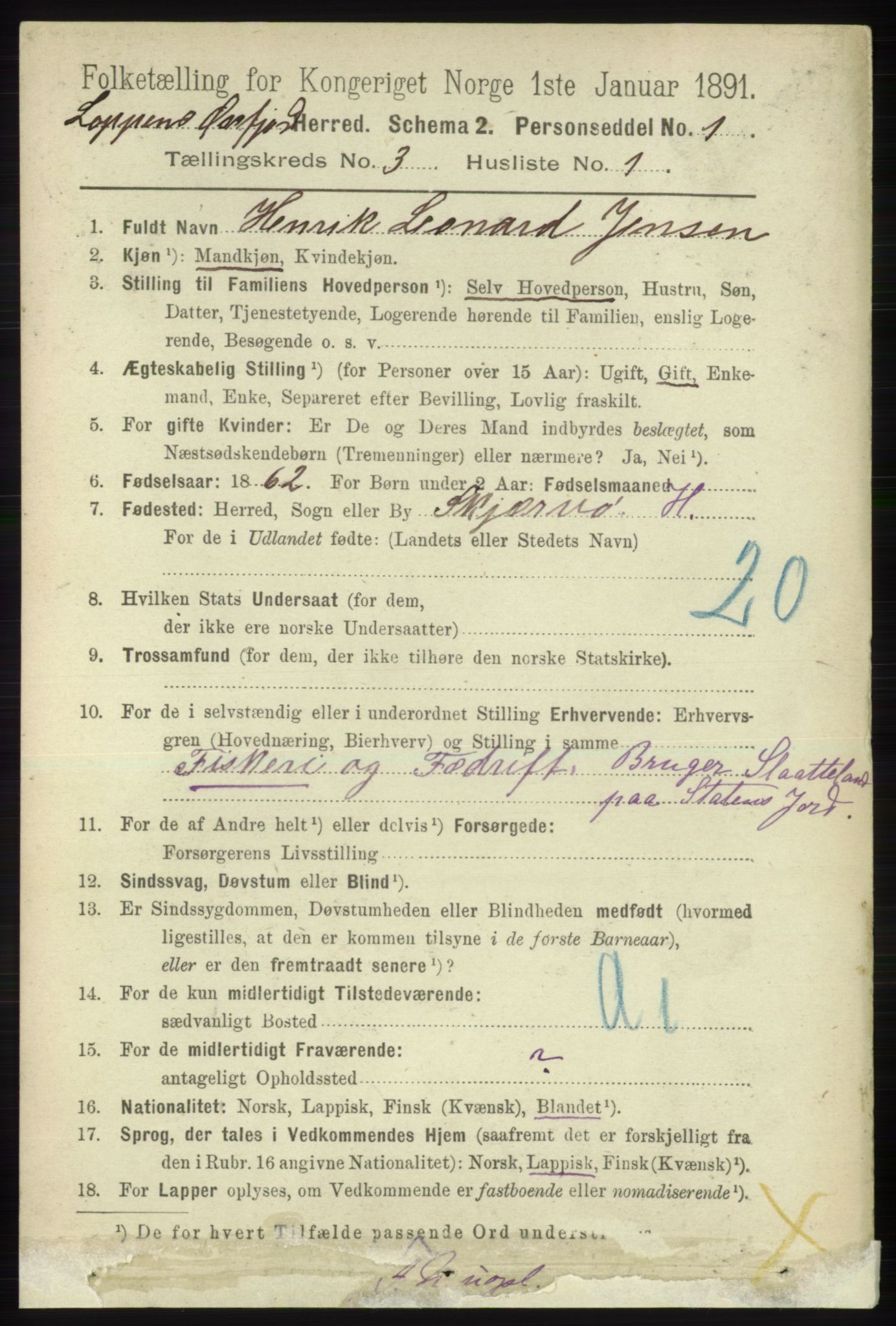 RA, 1891 census for 2014 Loppa, 1891, p. 674