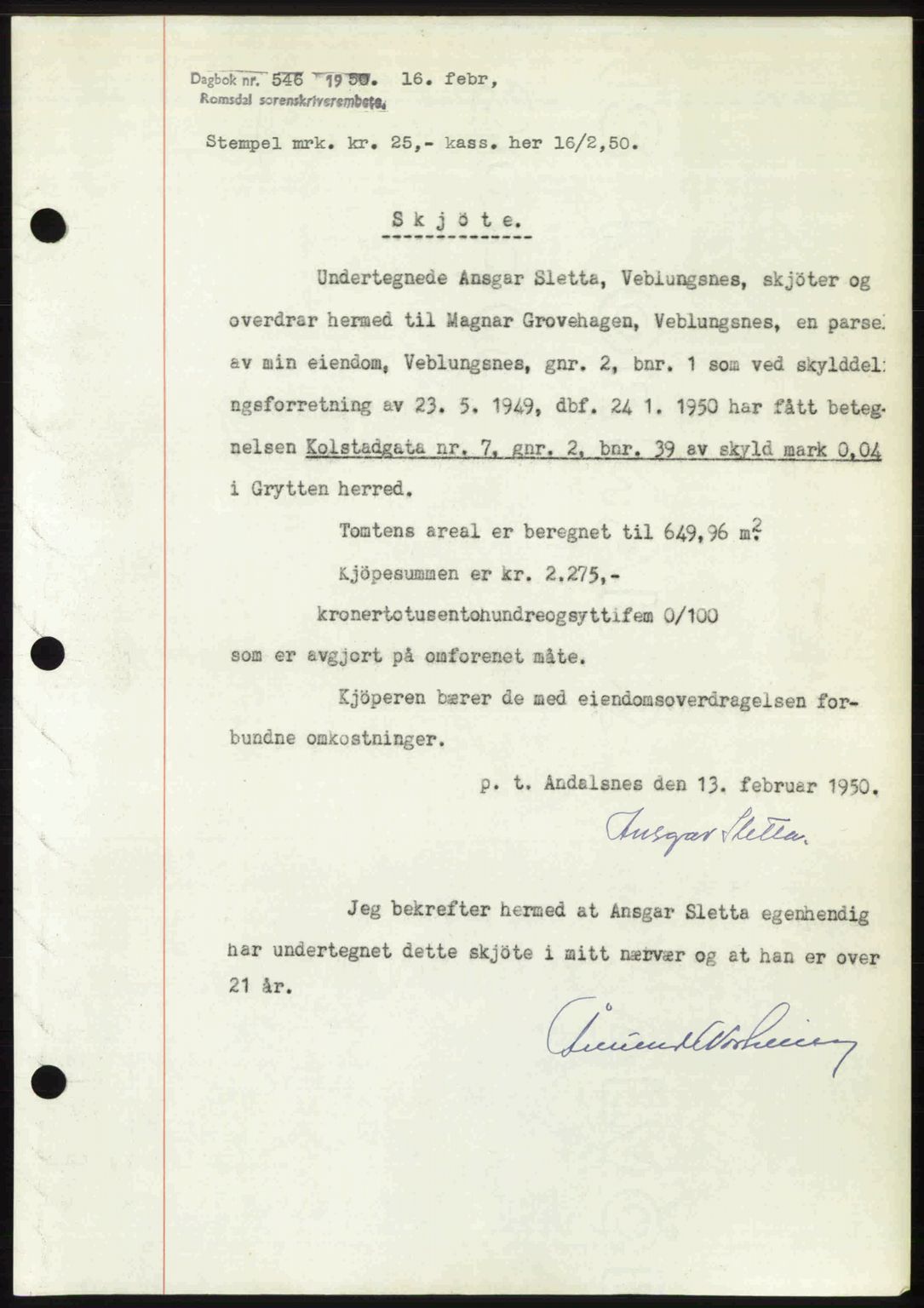 Romsdal sorenskriveri, AV/SAT-A-4149/1/2/2C: Mortgage book no. A32, 1950-1950, Diary no: : 546/1950