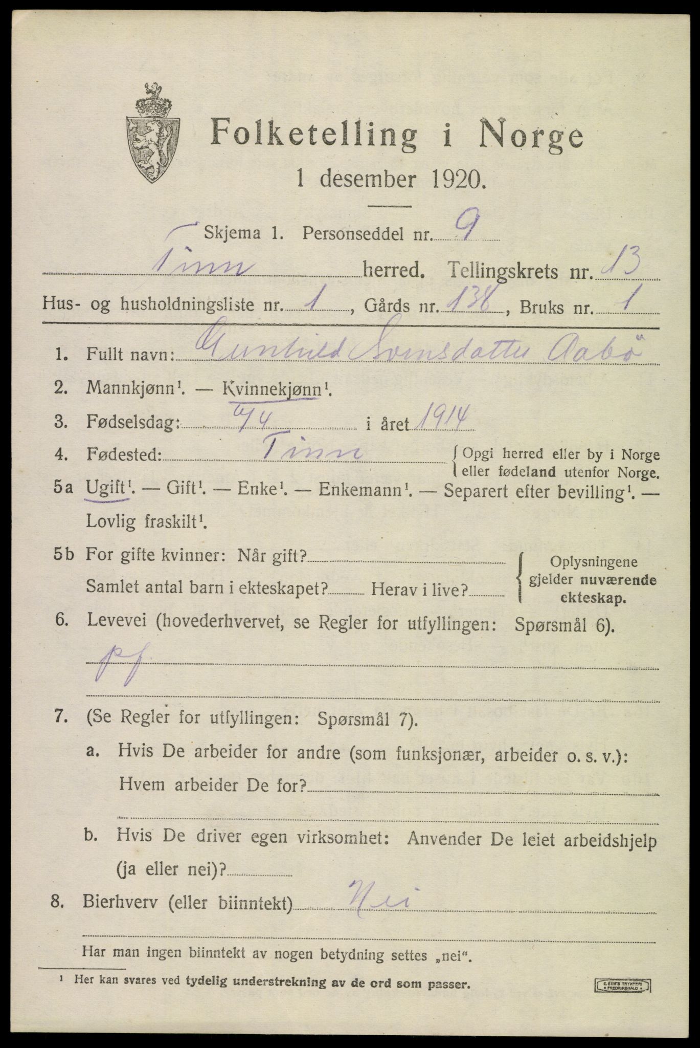 SAKO, 1920 census for Tinn, 1920, p. 8162