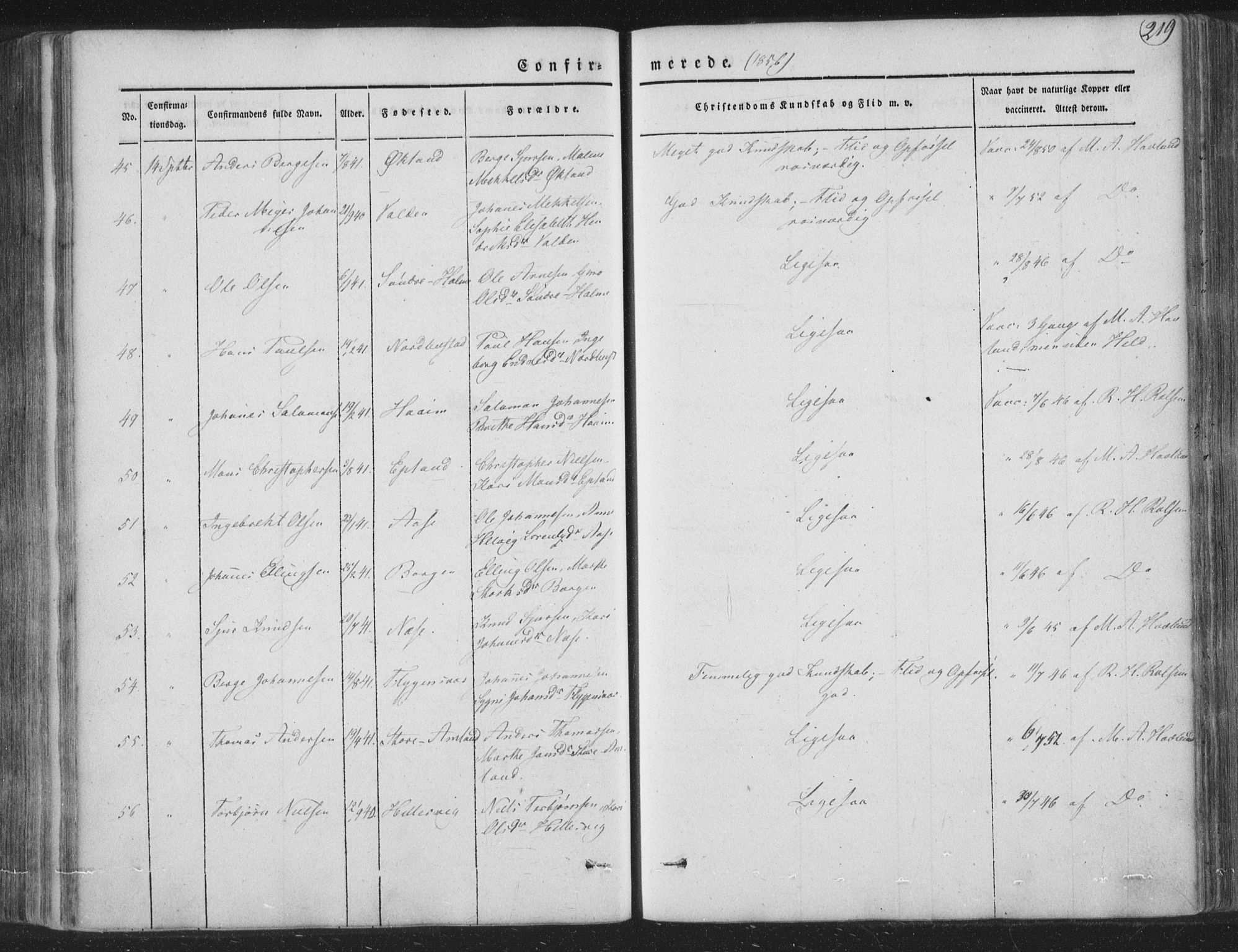 Tysnes sokneprestembete, AV/SAB-A-78601/H/Haa: Parish register (official) no. A 10, 1848-1859, p. 219