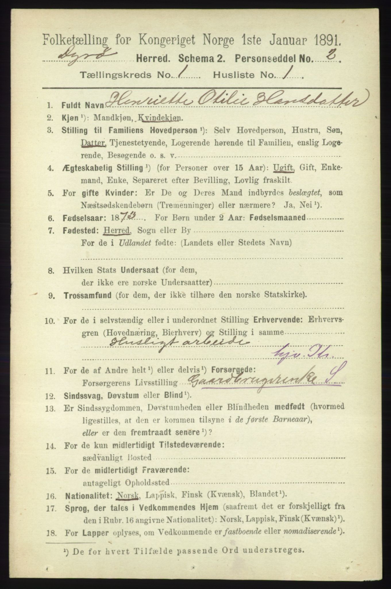 RA, 1891 census for 1926 Dyrøy, 1891, p. 73