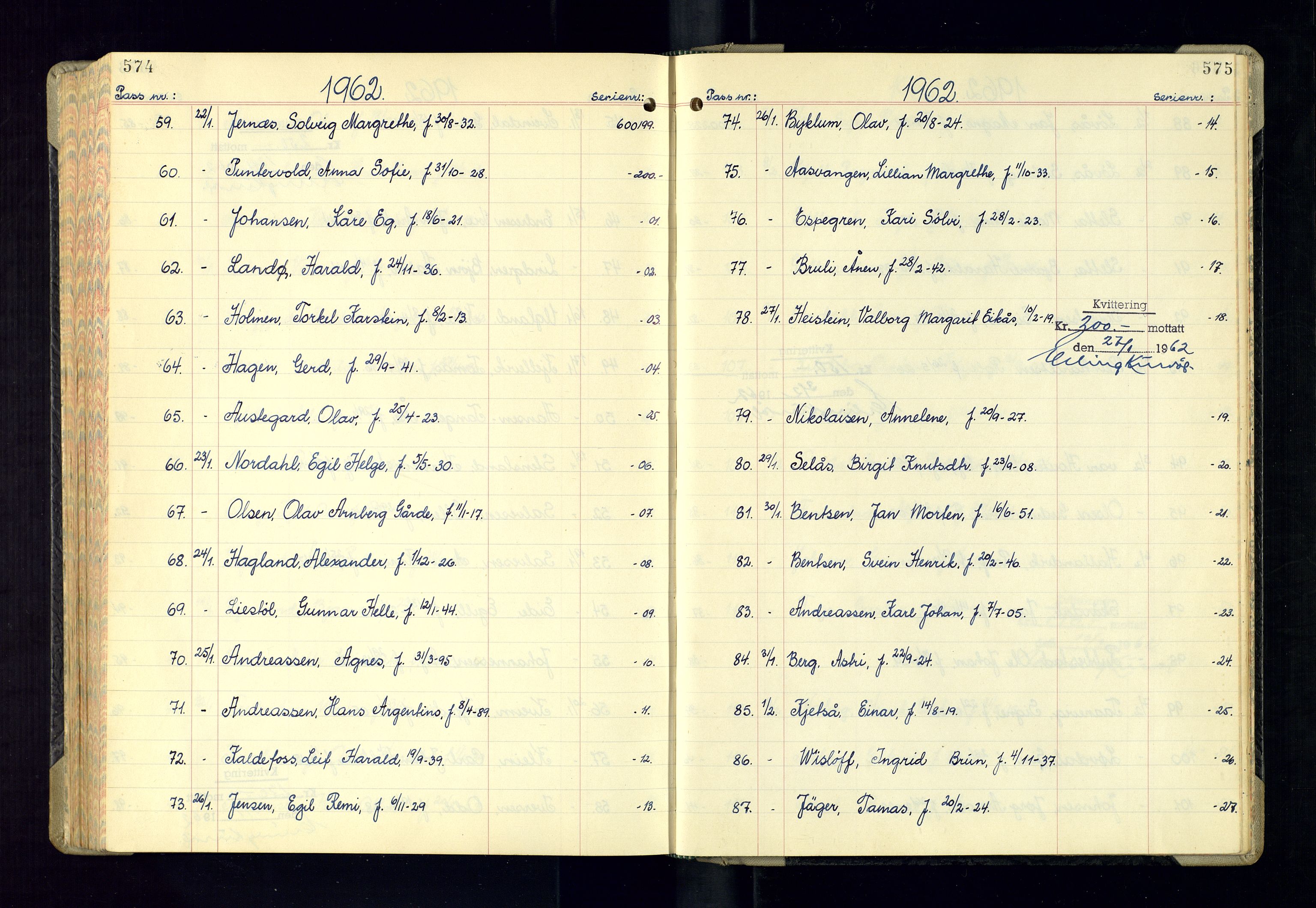 Kristiansand politikammer - 2, AV/SAK-1243-0009/K/Ka/Kaa/L0614: Passprotokoll, liste med løpenumre, 1958-1962, p. 574-575