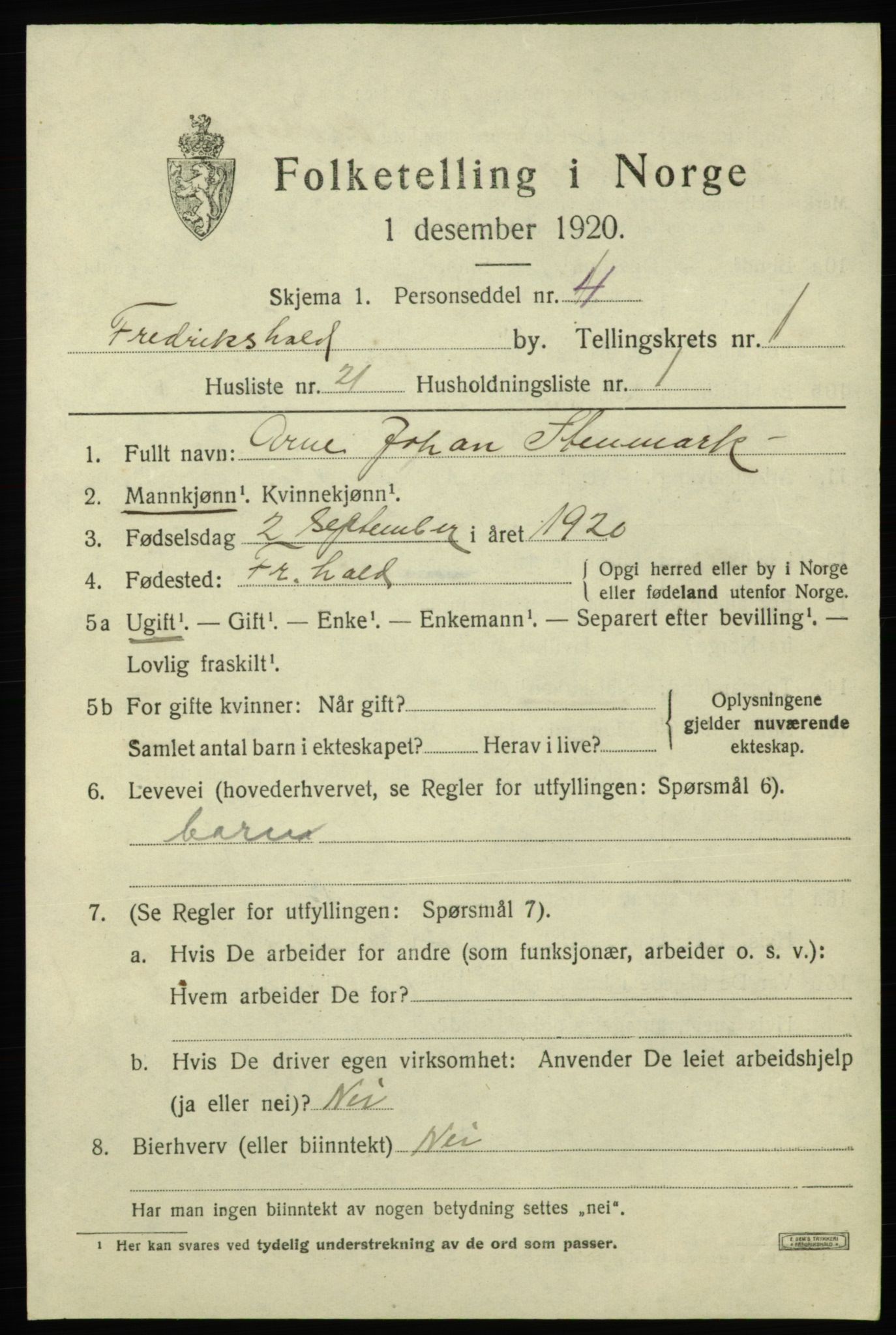 SAO, 1920 census for Fredrikshald, 1920, p. 8400