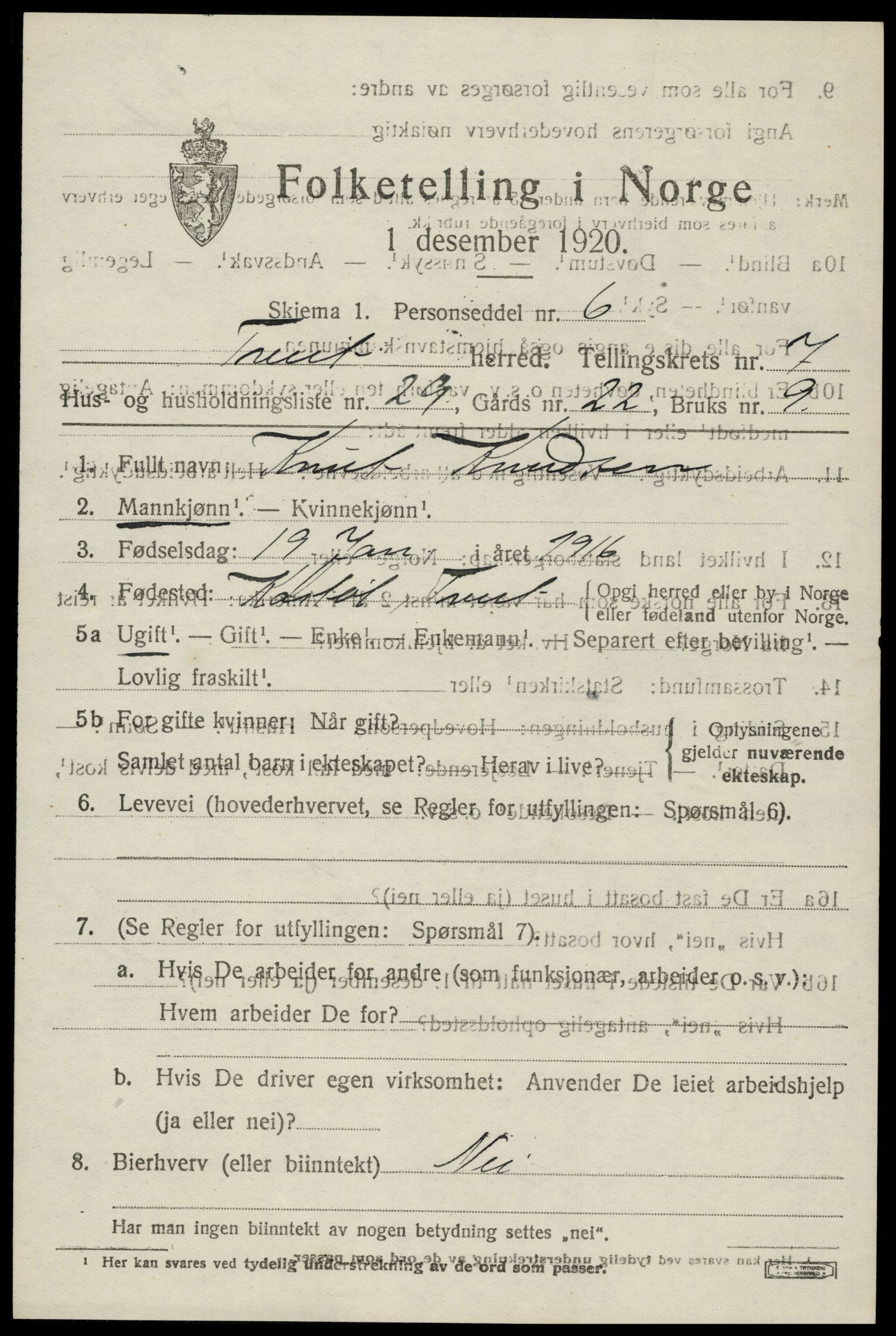 SAK, 1920 census for Tveit, 1920, p. 3484