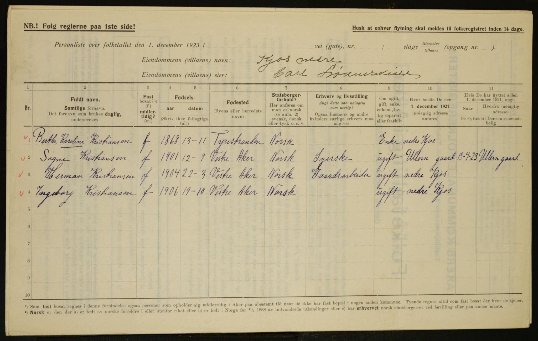 , Municipal Census 1923 for Aker, 1923, p. 6622