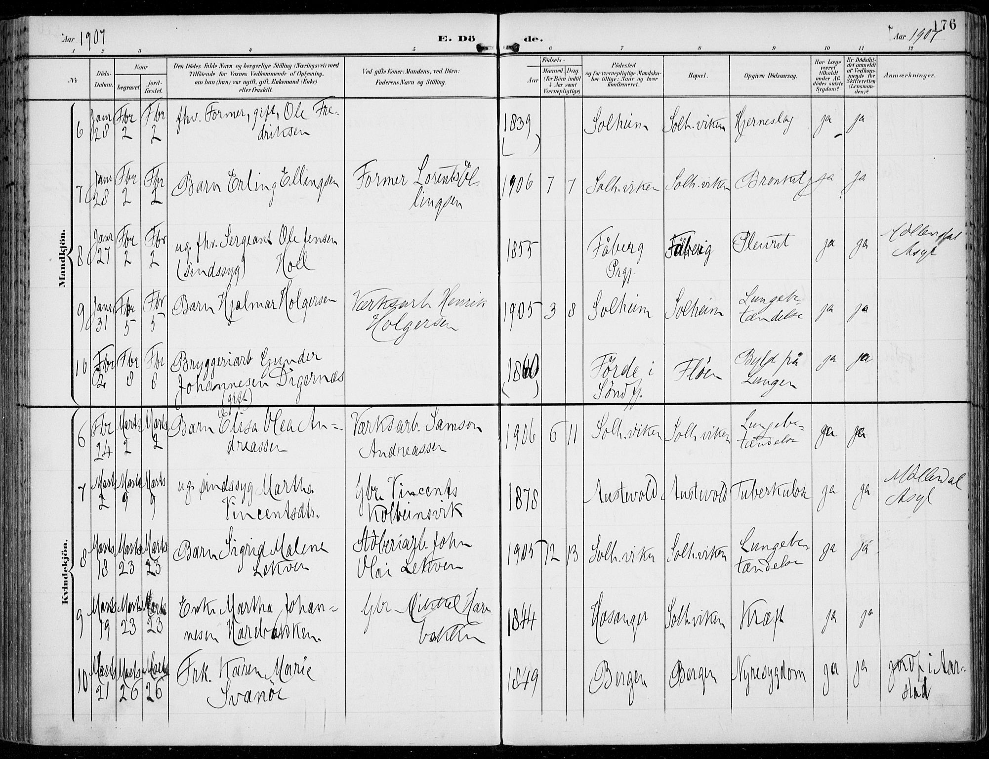 Årstad Sokneprestembete, AV/SAB-A-79301/H/Haa/L0009: Parish register (official) no. C 1, 1902-1918, p. 176