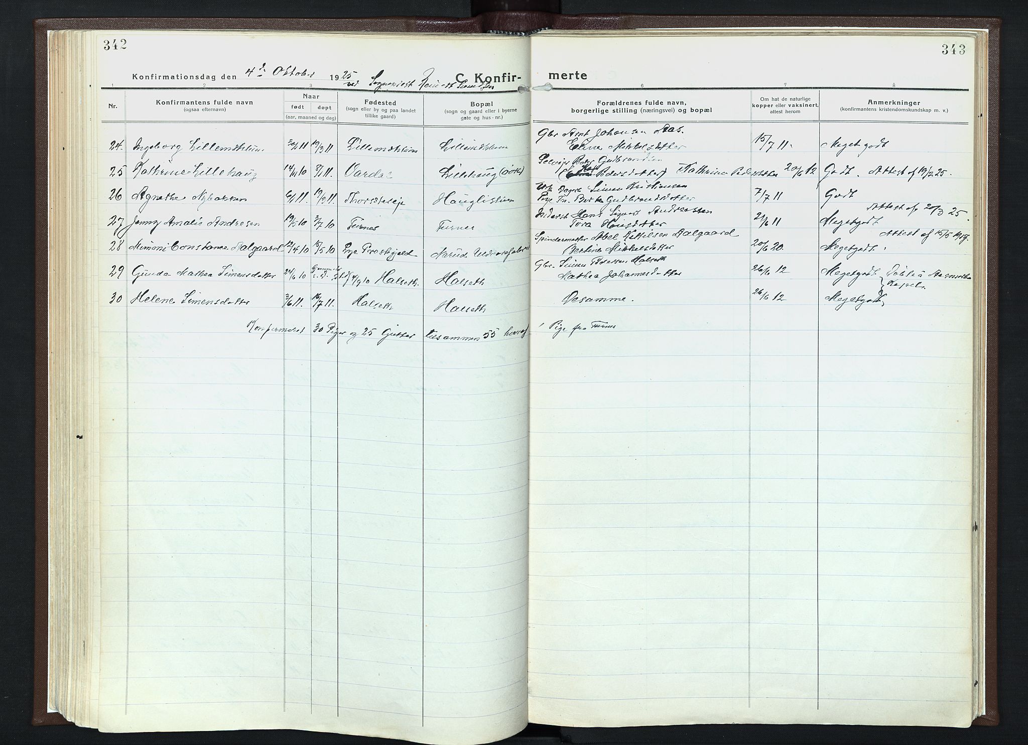Veldre prestekontor, SAH/PREST-018/K/Ka/L0001: Parish register (official) no. 1, 1921-1934, p. 342-343