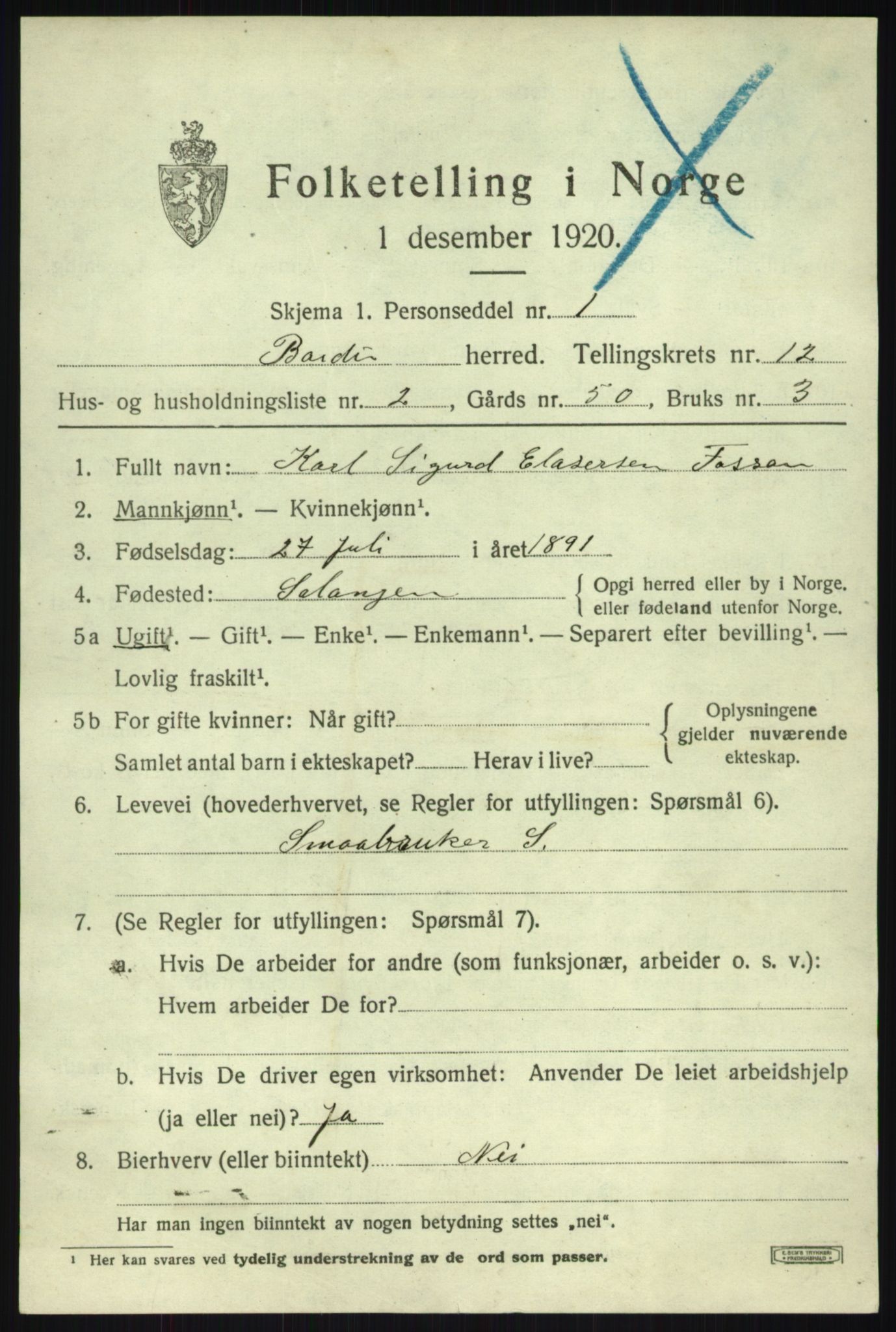 SATØ, 1920 census for Bardu, 1920, p. 3856