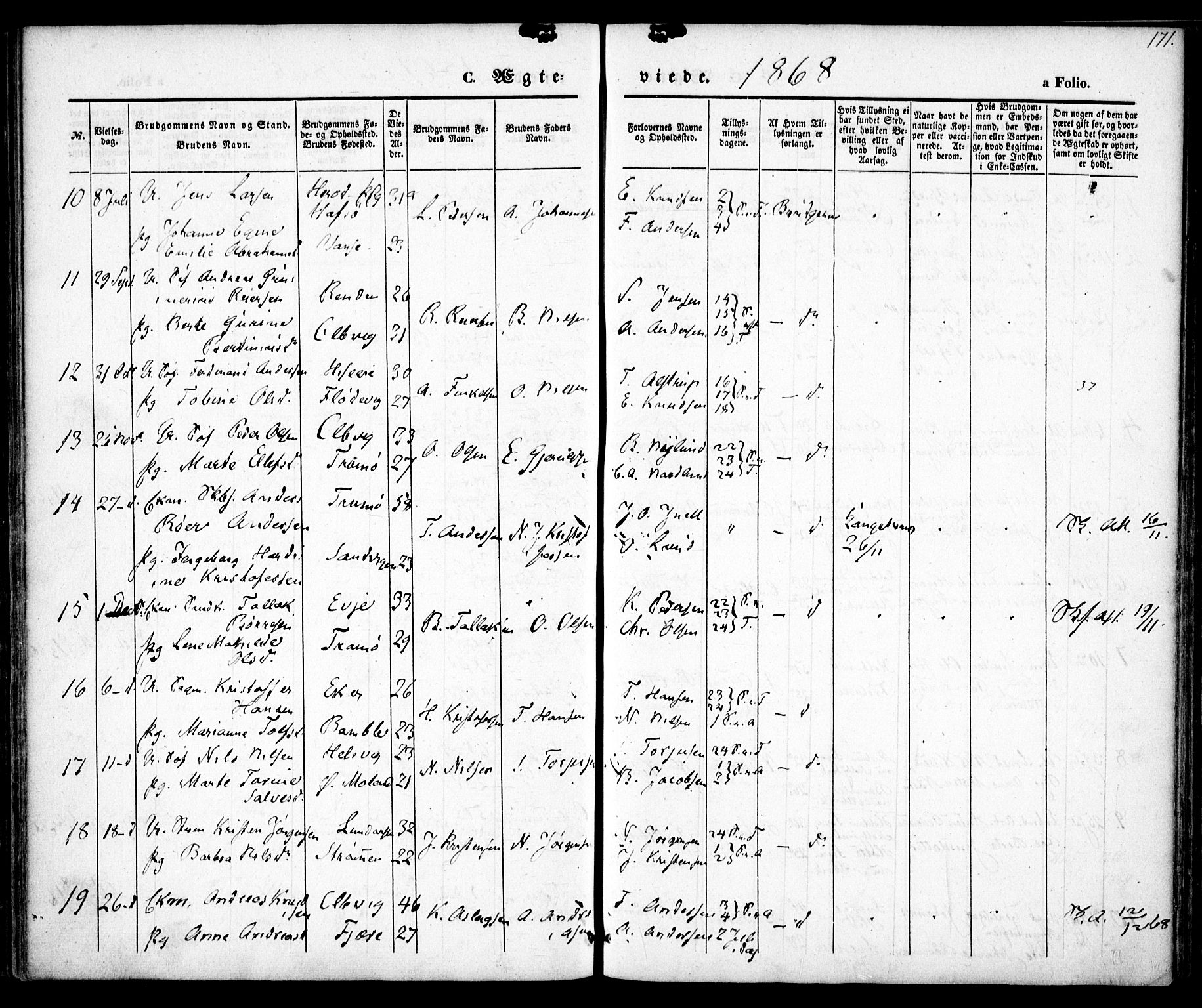 Hisøy sokneprestkontor, SAK/1111-0020/F/Fa/L0001: Parish register (official) no. A 1, 1849-1871, p. 171