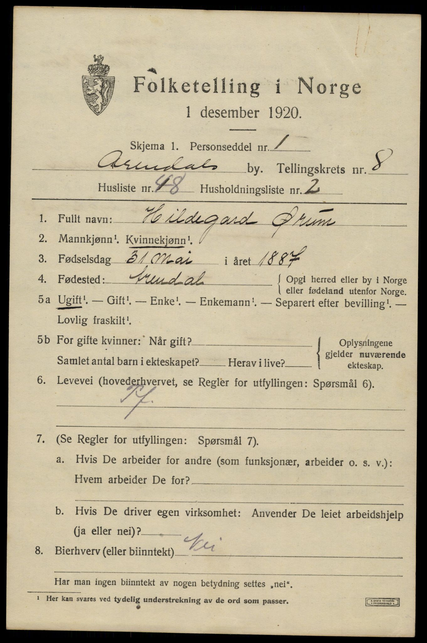 SAK, 1920 census for Arendal, 1920, p. 16096