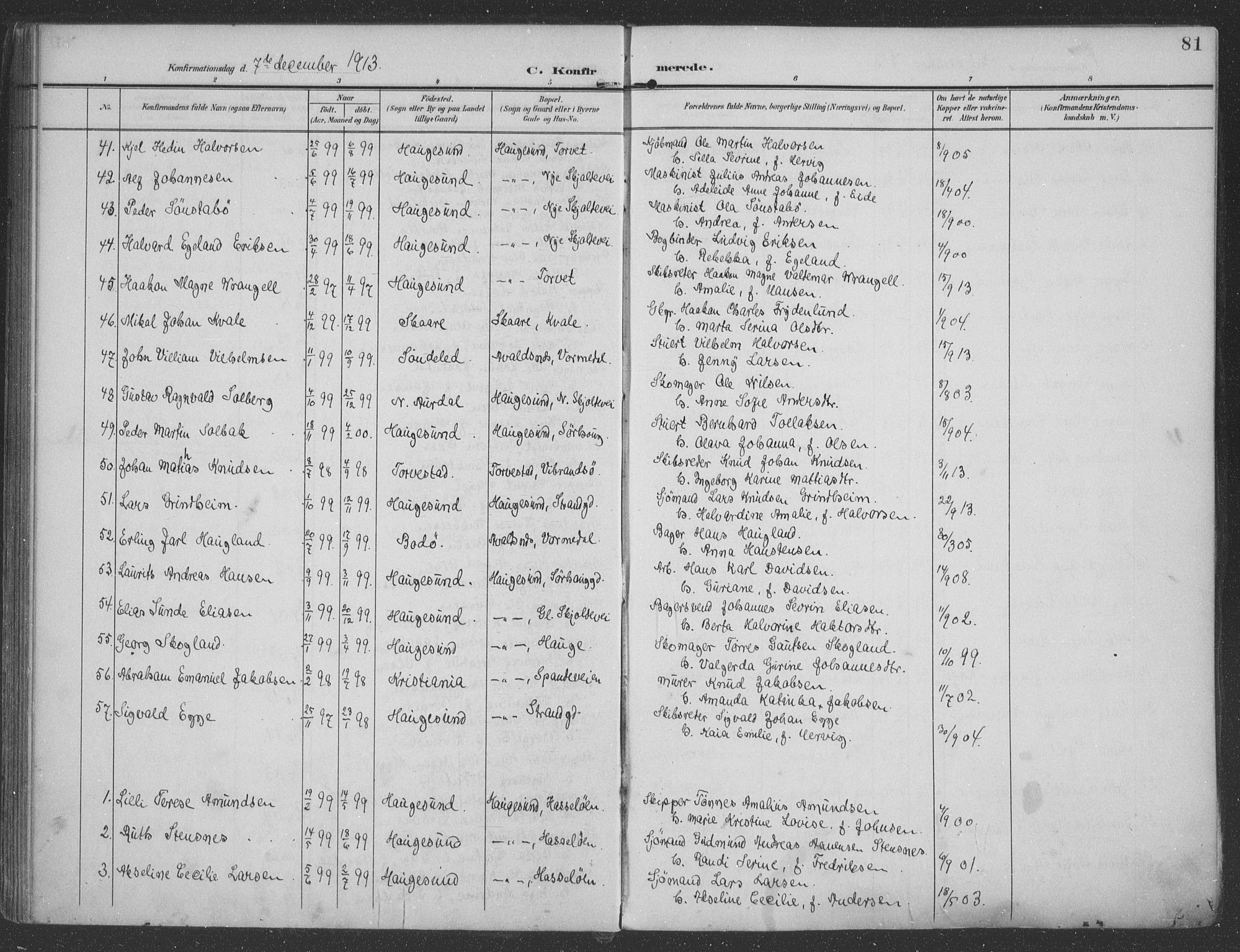 Haugesund sokneprestkontor, AV/SAST-A -101863/H/Ha/Haa/L0007: Parish register (official) no. A 7, 1904-1916, p. 81