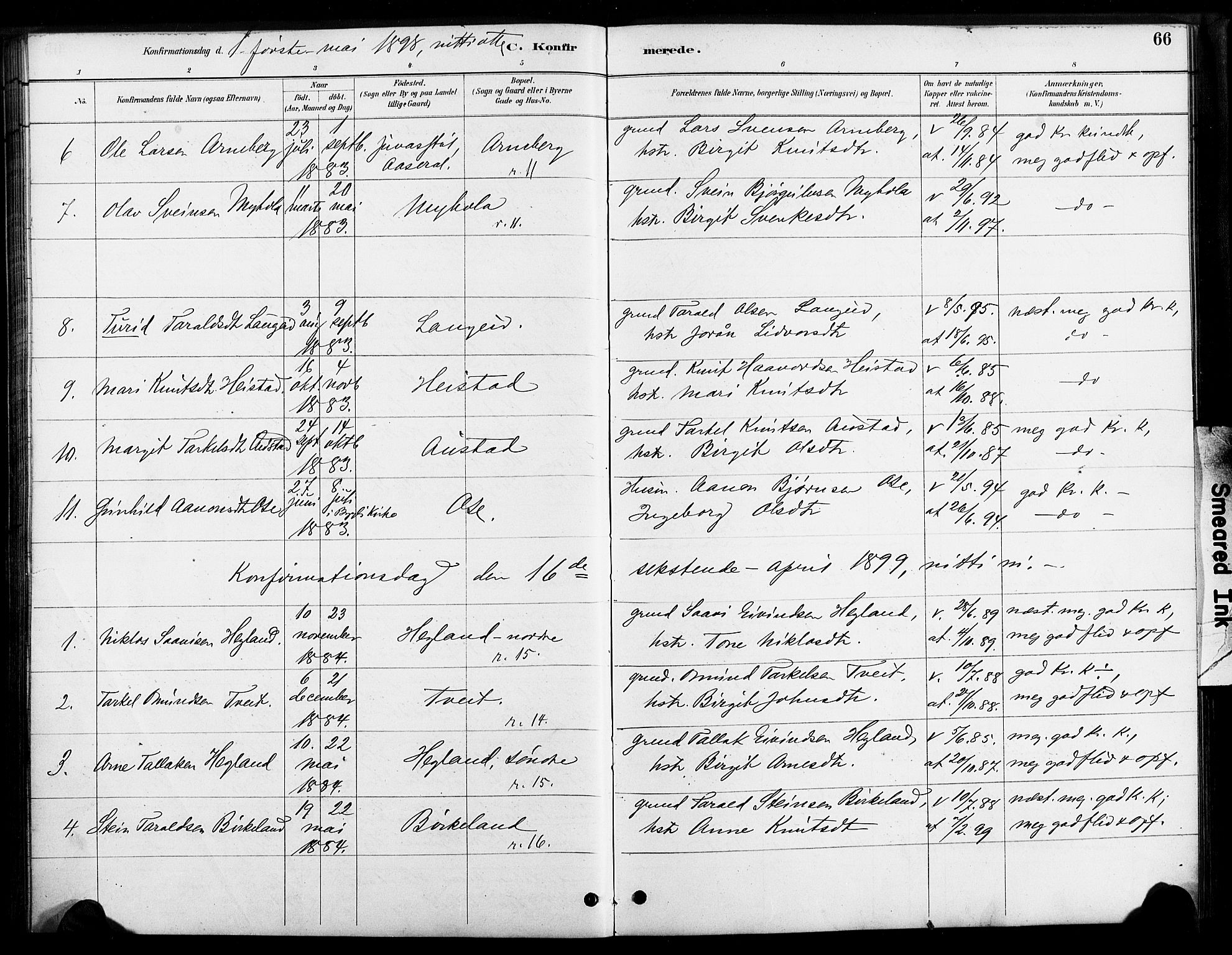 Bygland sokneprestkontor, SAK/1111-0006/F/Fa/Faa/L0001: Parish register (official) no. A 1, 1885-1908, p. 66