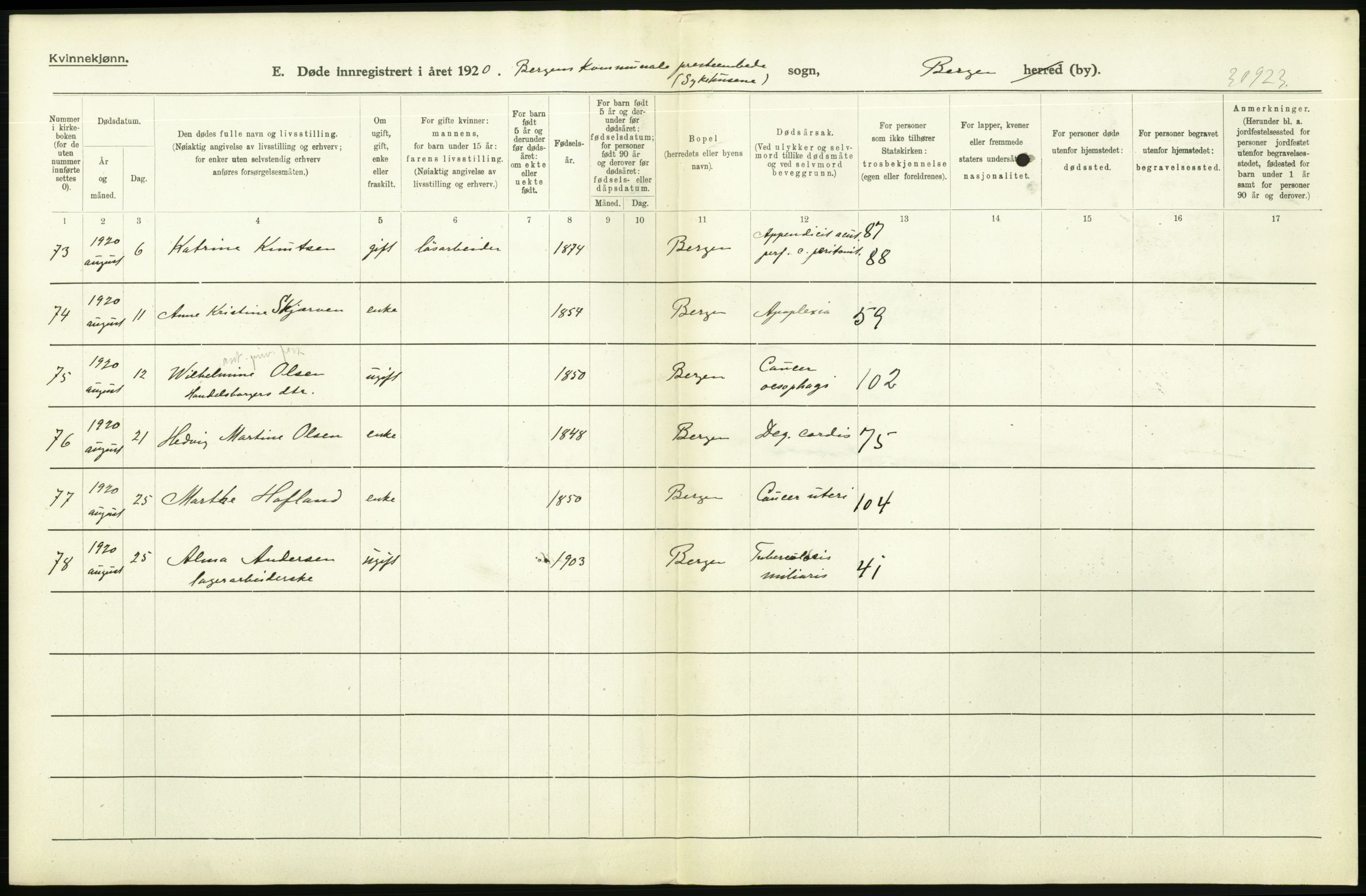 Statistisk sentralbyrå, Sosiodemografiske emner, Befolkning, AV/RA-S-2228/D/Df/Dfb/Dfbj/L0042: Bergen: Gifte, døde, dødfødte., 1920, p. 360