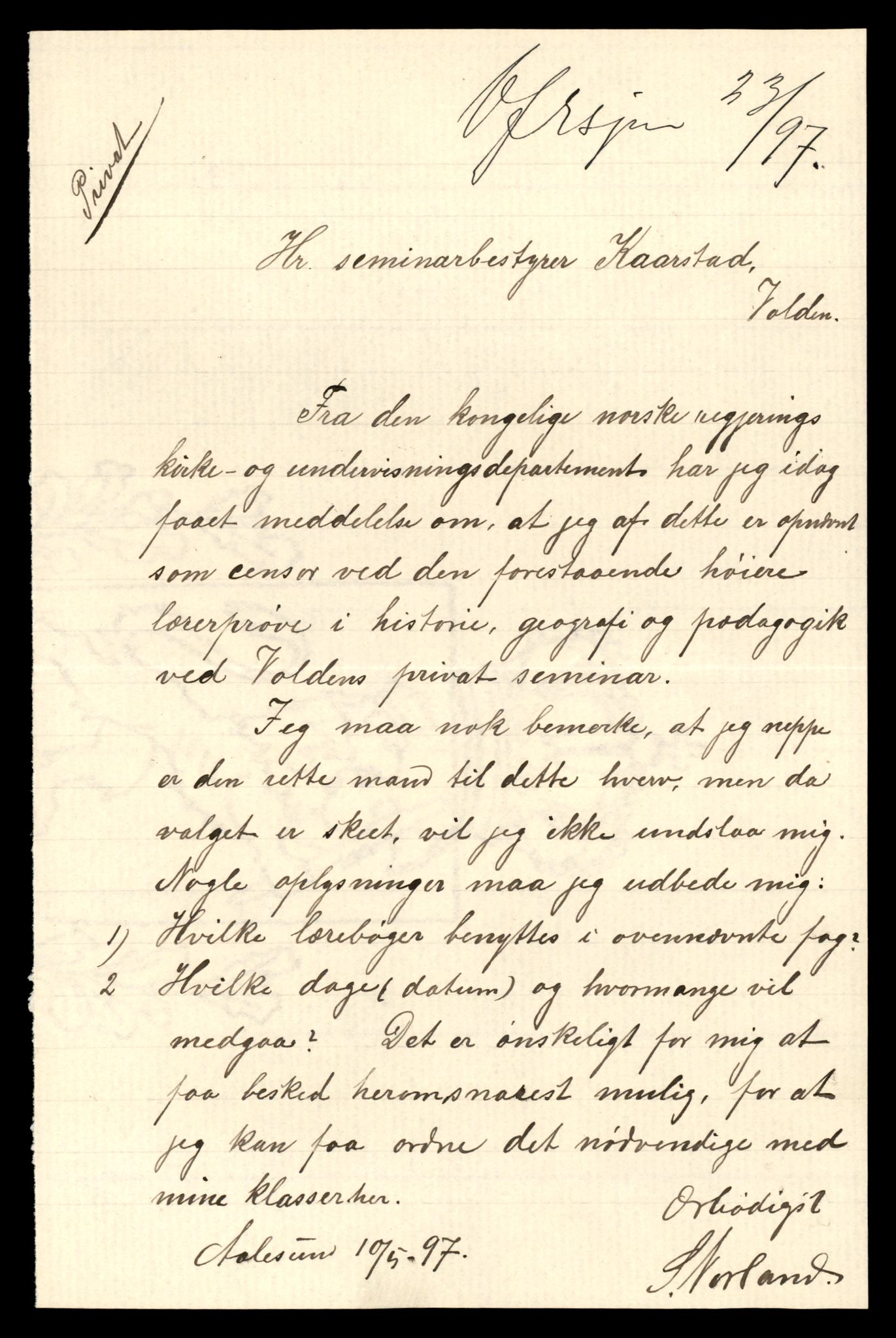 Volda Lærarskule, AV/SAT-A-5184/D/Da/L0040: Saksarkiv, 1897-1899, p. 21