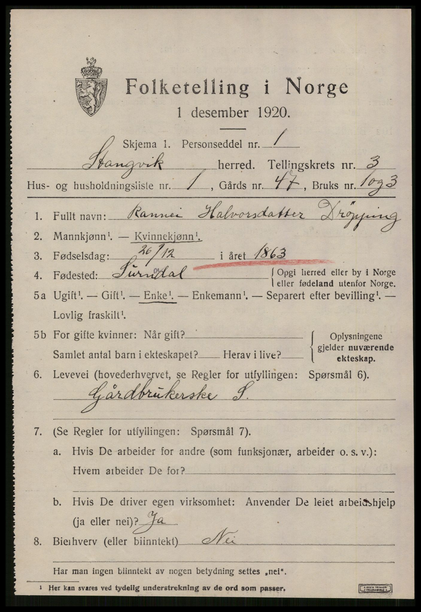 SAT, 1920 census for Stangvik, 1920, p. 1996