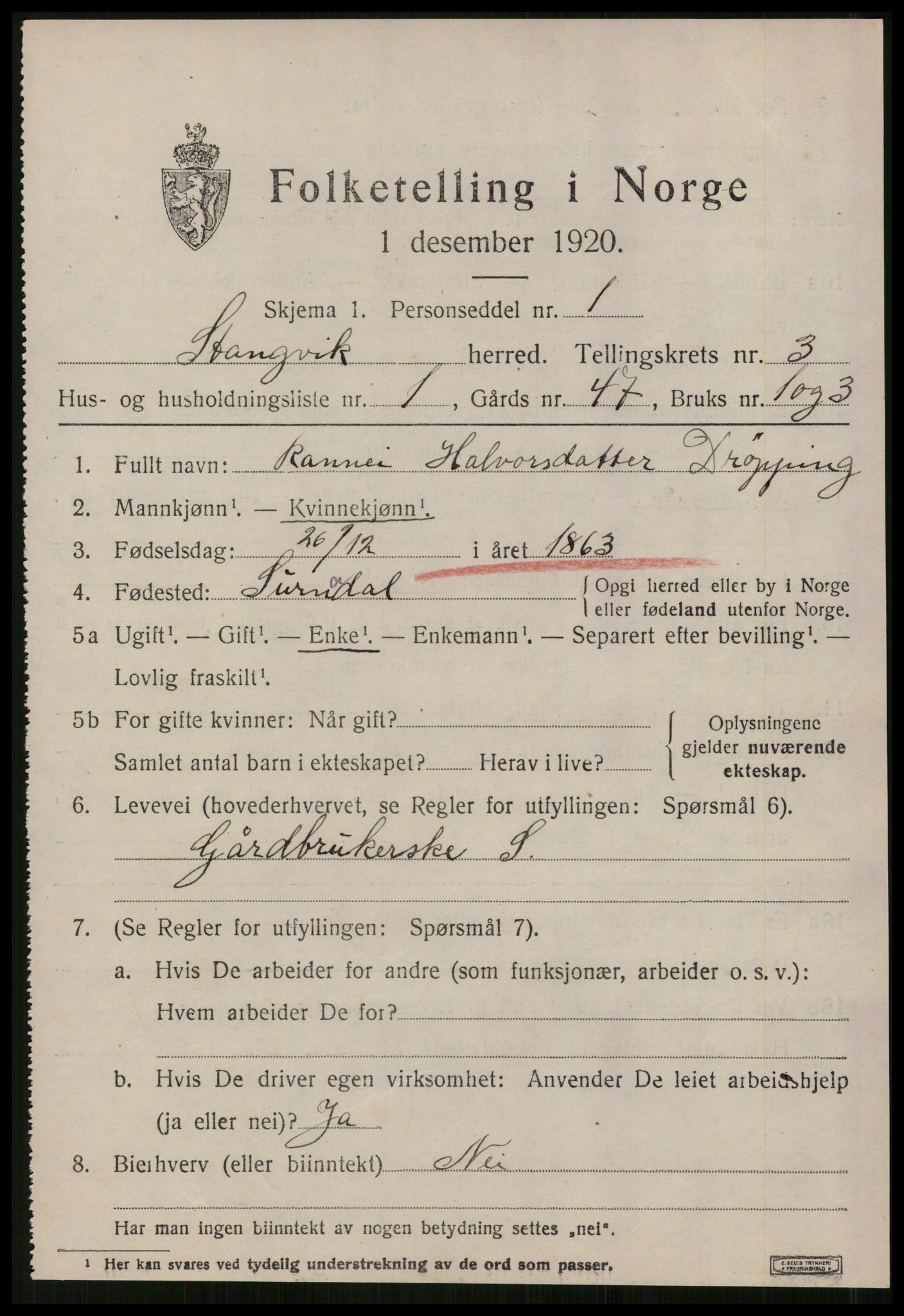 SAT, 1920 census for Stangvik, 1920, p. 1996