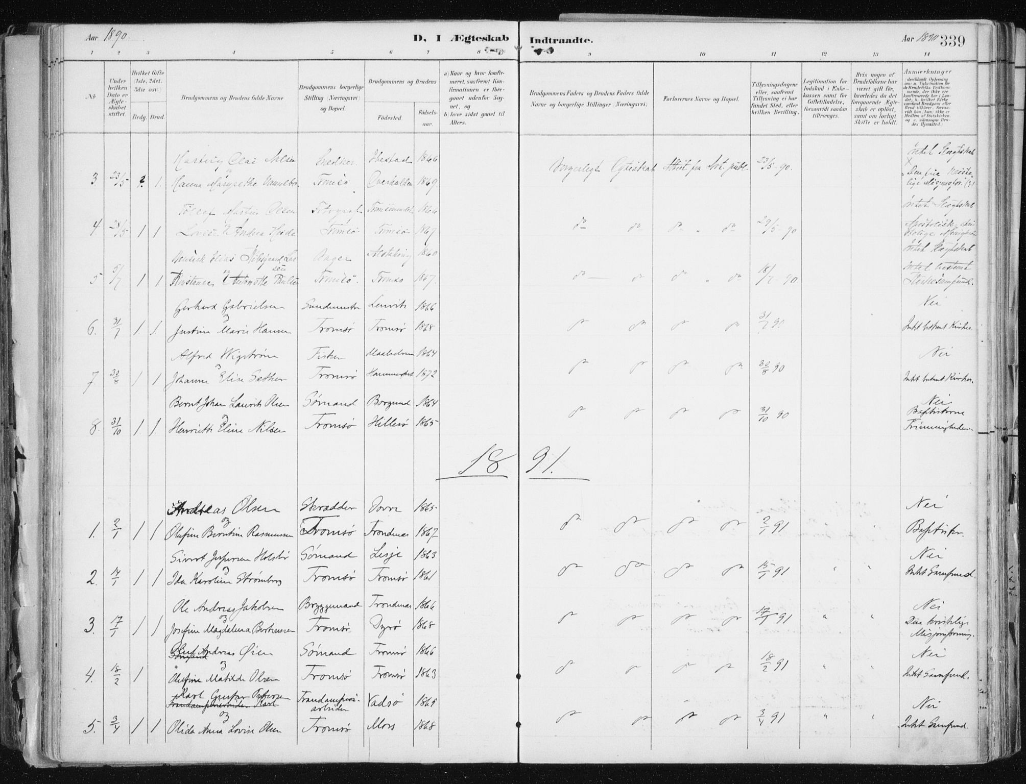 Tromsø sokneprestkontor/stiftsprosti/domprosti, SATØ/S-1343/G/Ga/L0015kirke: Parish register (official) no. 15, 1889-1899, p. 339