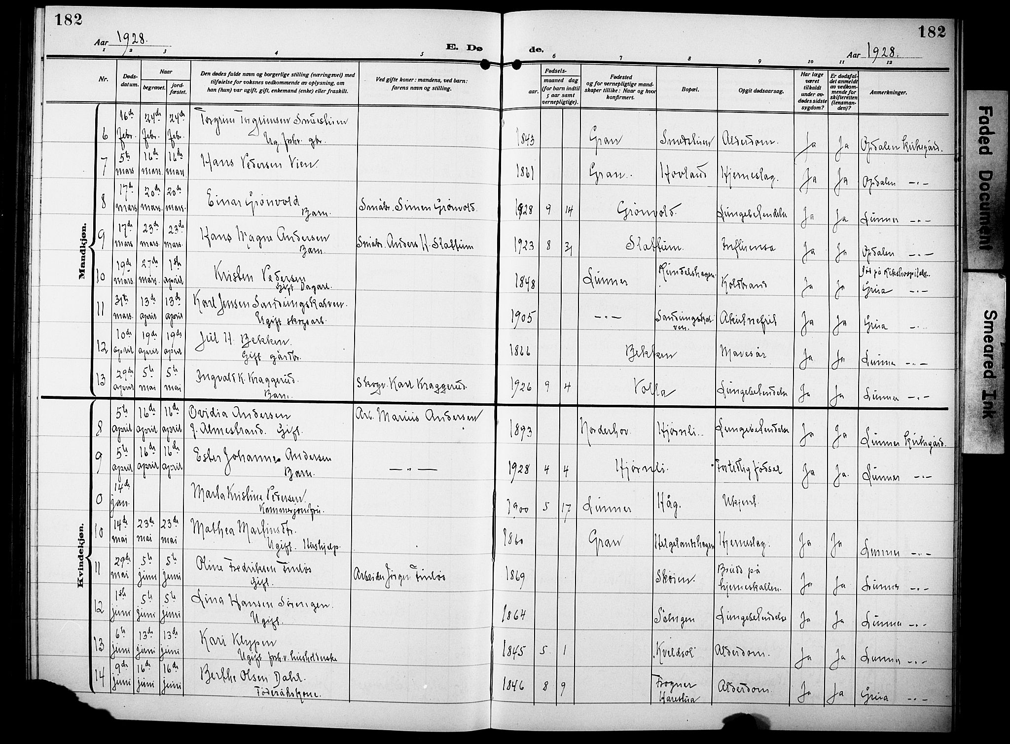 Lunner prestekontor, SAH/PREST-118/H/Ha/Hab/L0002: Parish register (copy) no. 2, 1923-1933, p. 182