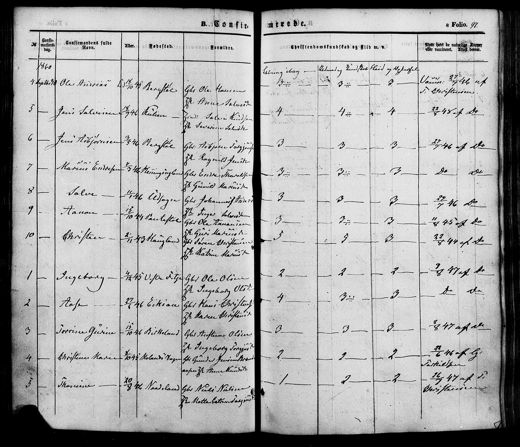 Søgne sokneprestkontor, SAK/1111-0037/F/Fa/Faa/L0002: Parish register (official) no. A 2, 1854-1882, p. 97