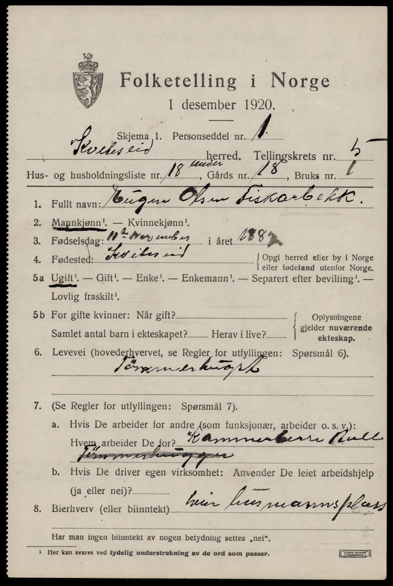 SAKO, 1920 census for Kviteseid, 1920, p. 3017