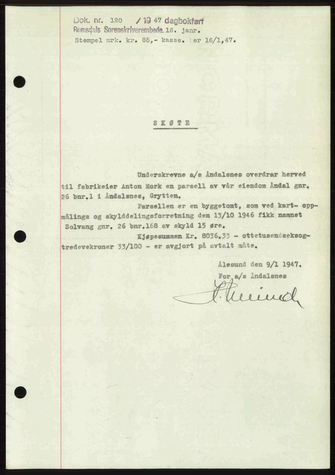 Romsdal sorenskriveri, SAT/A-4149/1/2/2C: Mortgage book no. A22, 1947-1947, Diary no: : 120/1947