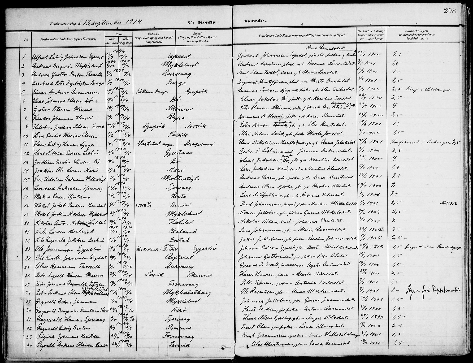 Ministerialprotokoller, klokkerbøker og fødselsregistre - Møre og Romsdal, SAT/A-1454/507/L0075: Parish register (official) no. 507A10, 1901-1920, p. 208