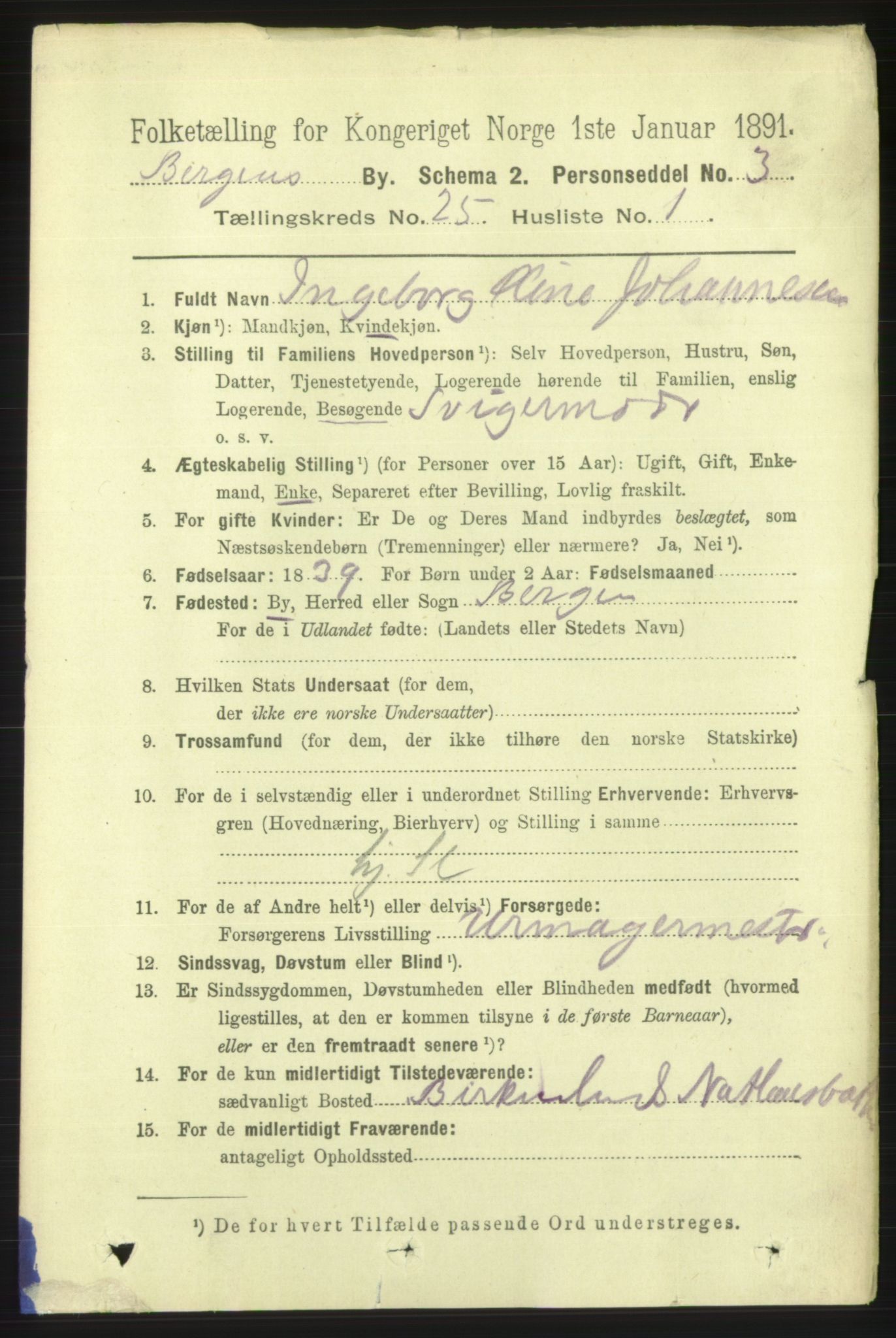 RA, 1891 Census for 1301 Bergen, 1891, p. 33245