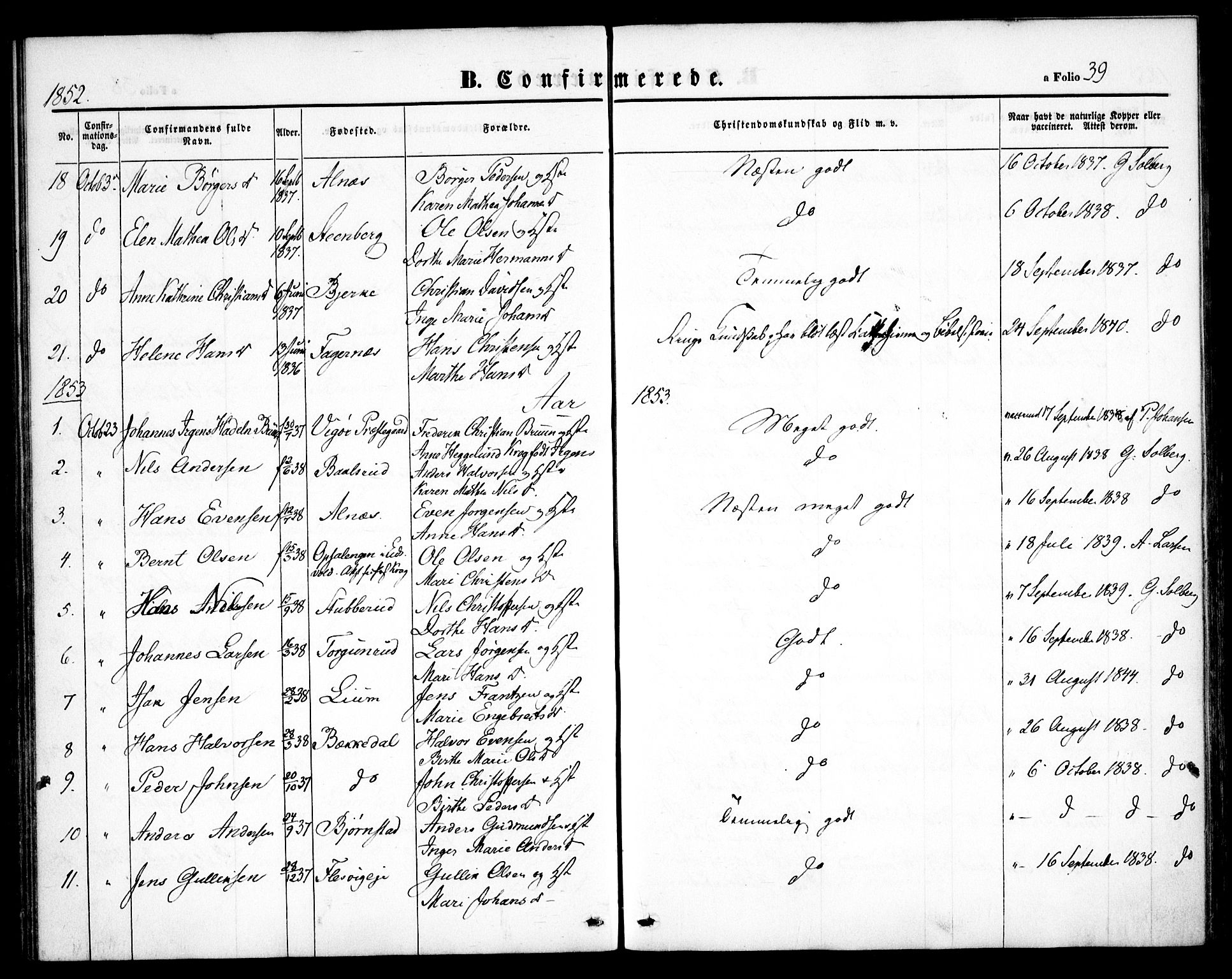 Hurdal prestekontor Kirkebøker, SAO/A-10889/F/Fb/L0001: Parish register (official) no. II 1, 1846-1859, p. 39