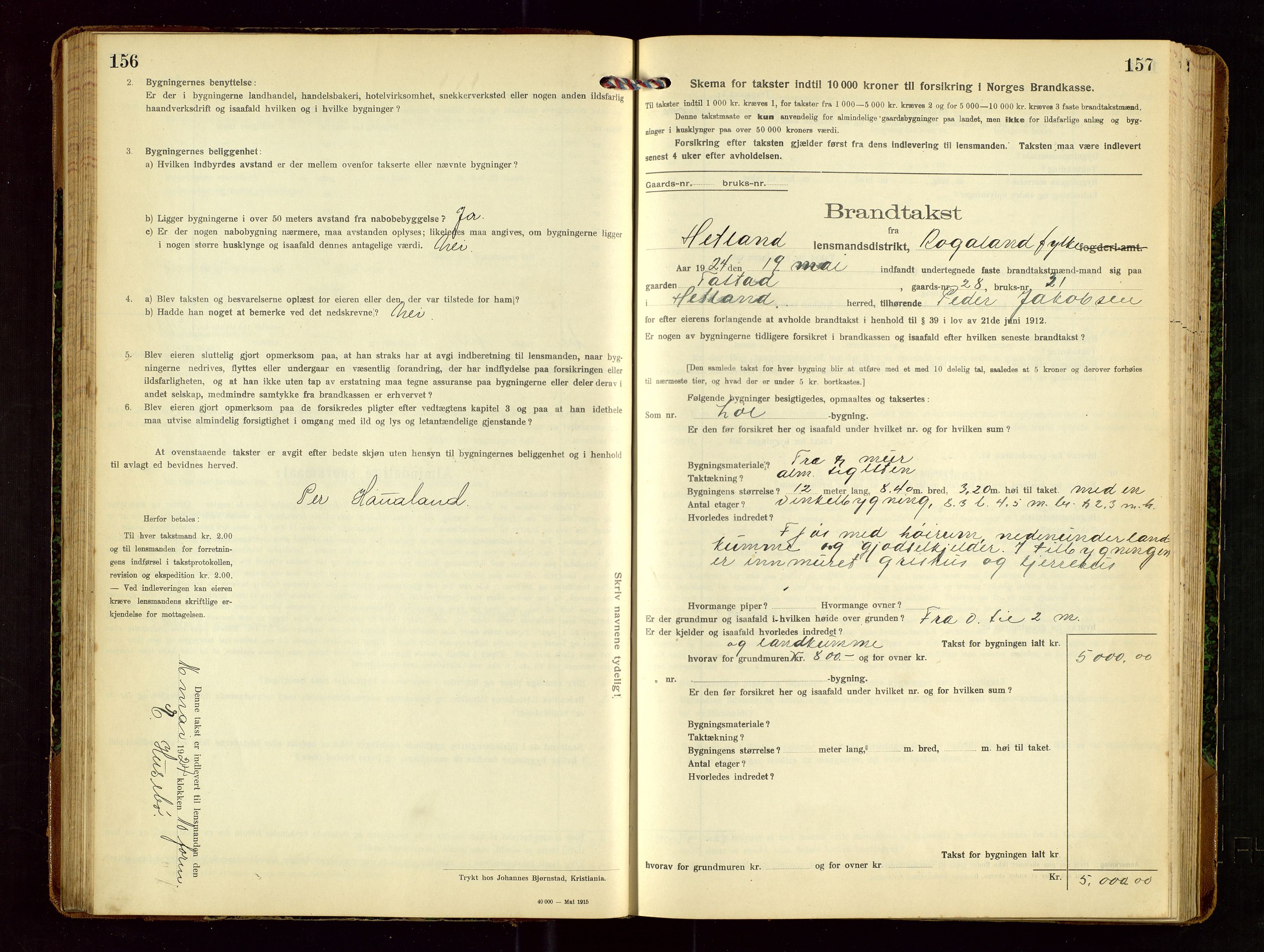 Hetland lensmannskontor, SAST/A-100101/Gob/L0002: "Brandtakstprotokol", 1918-1932, p. 156-157