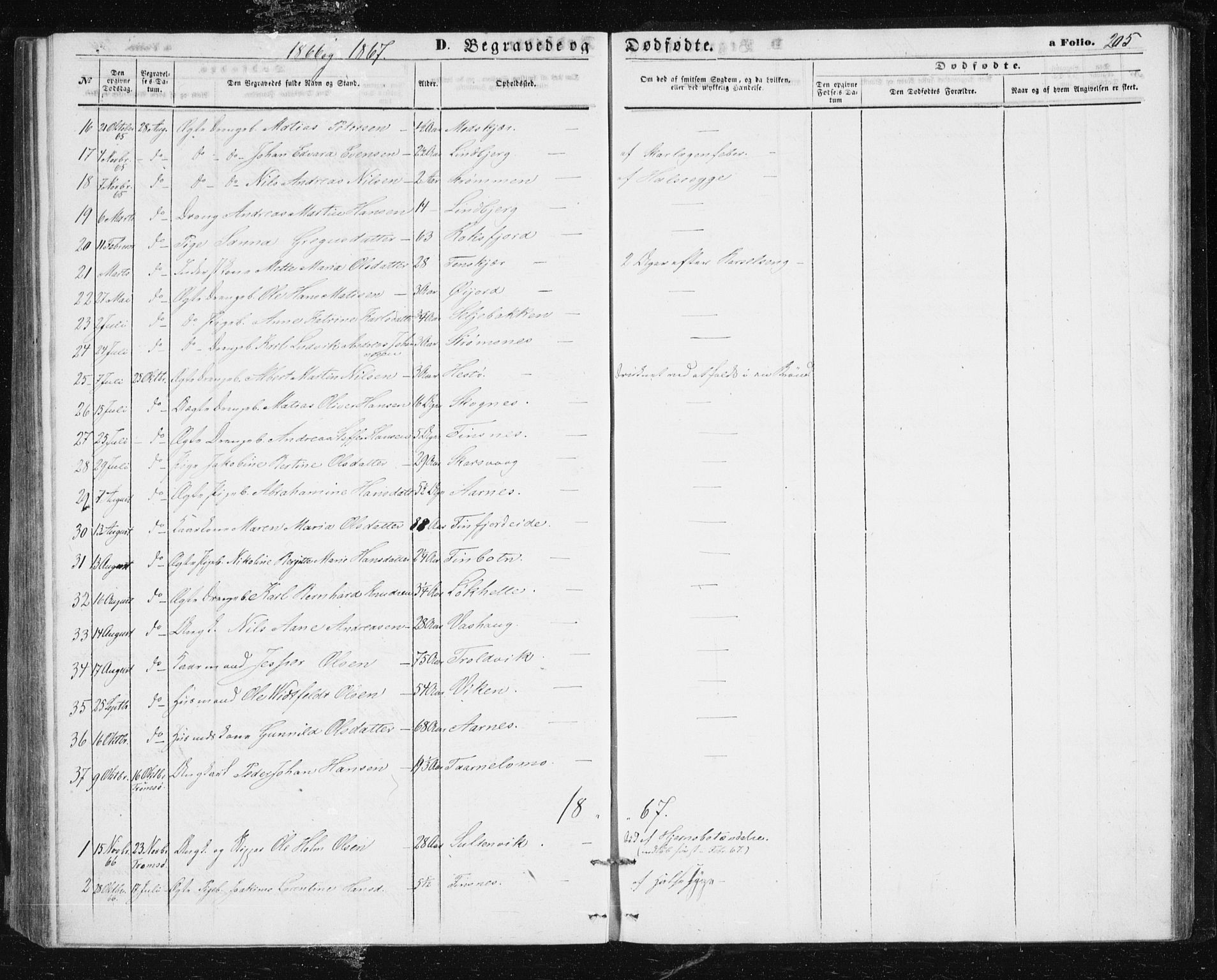 Lenvik sokneprestembete, SATØ/S-1310/H/Ha/Hab/L0004klokker: Parish register (copy) no. 4, 1859-1869, p. 205