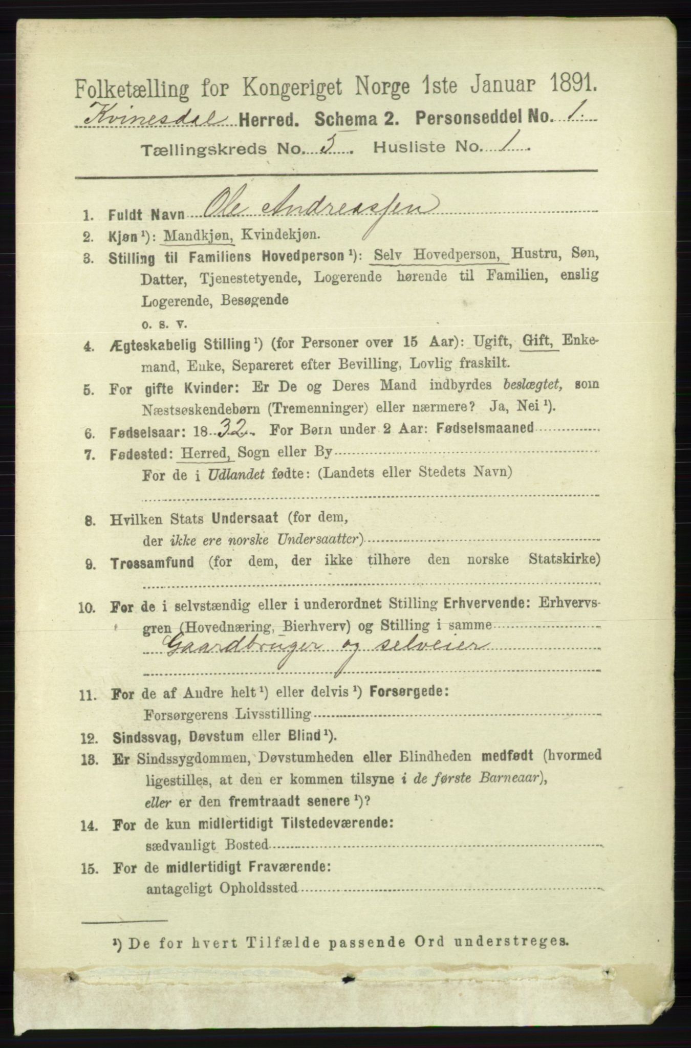 RA, 1891 census for 1037 Kvinesdal, 1891, p. 1699