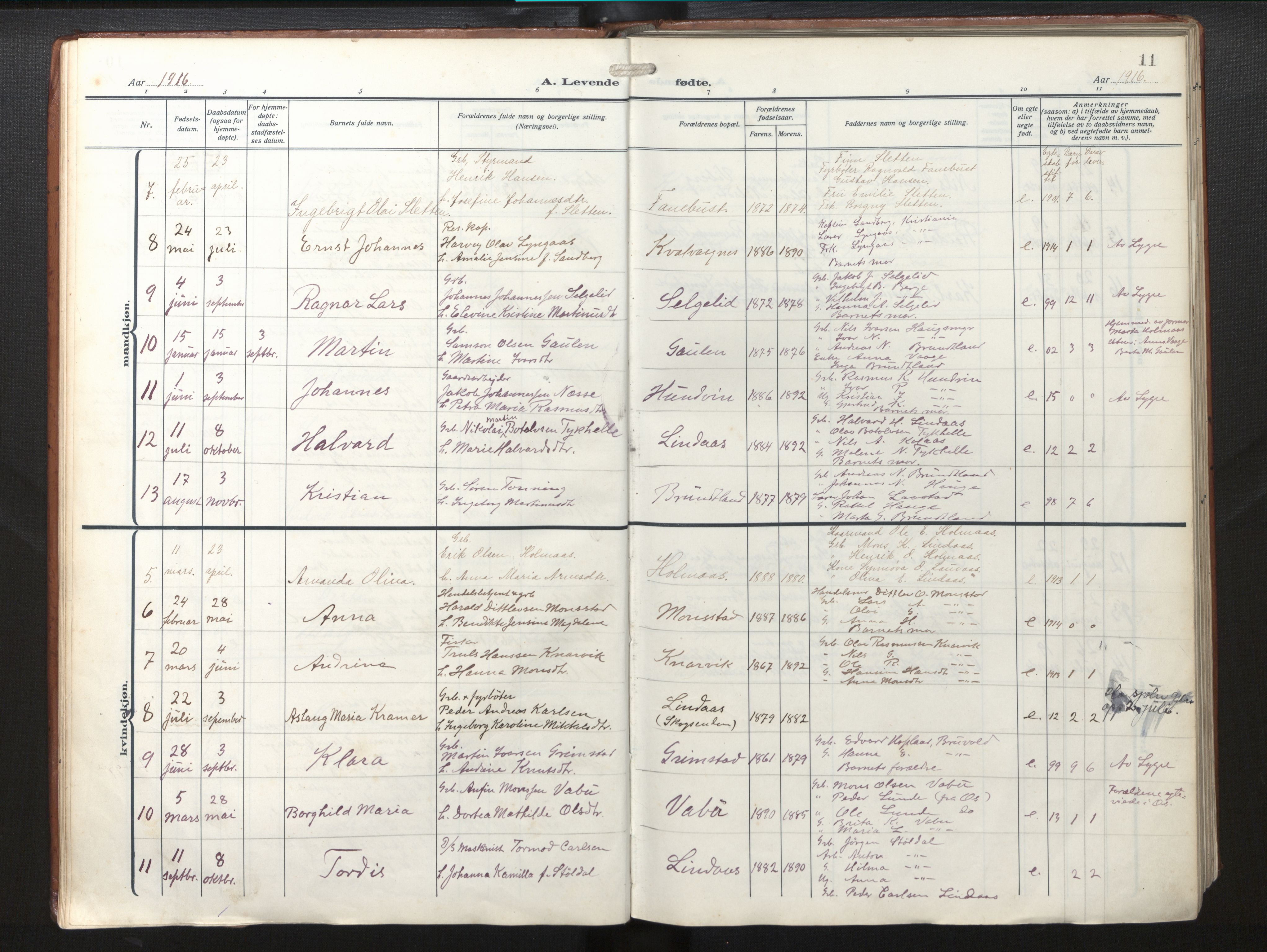 Lindås Sokneprestembete, SAB/A-76701/H/Haa/Haab/L0003: Parish register (official) no. B 3, 1912-1929, p. 11