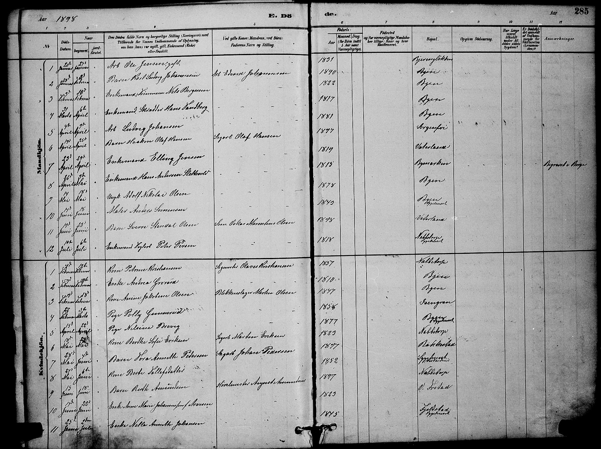 Østre Fredrikstad prestekontor Kirkebøker, SAO/A-10907/G/Ga/L0001: Parish register (copy) no. 1, 1880-1899, p. 285